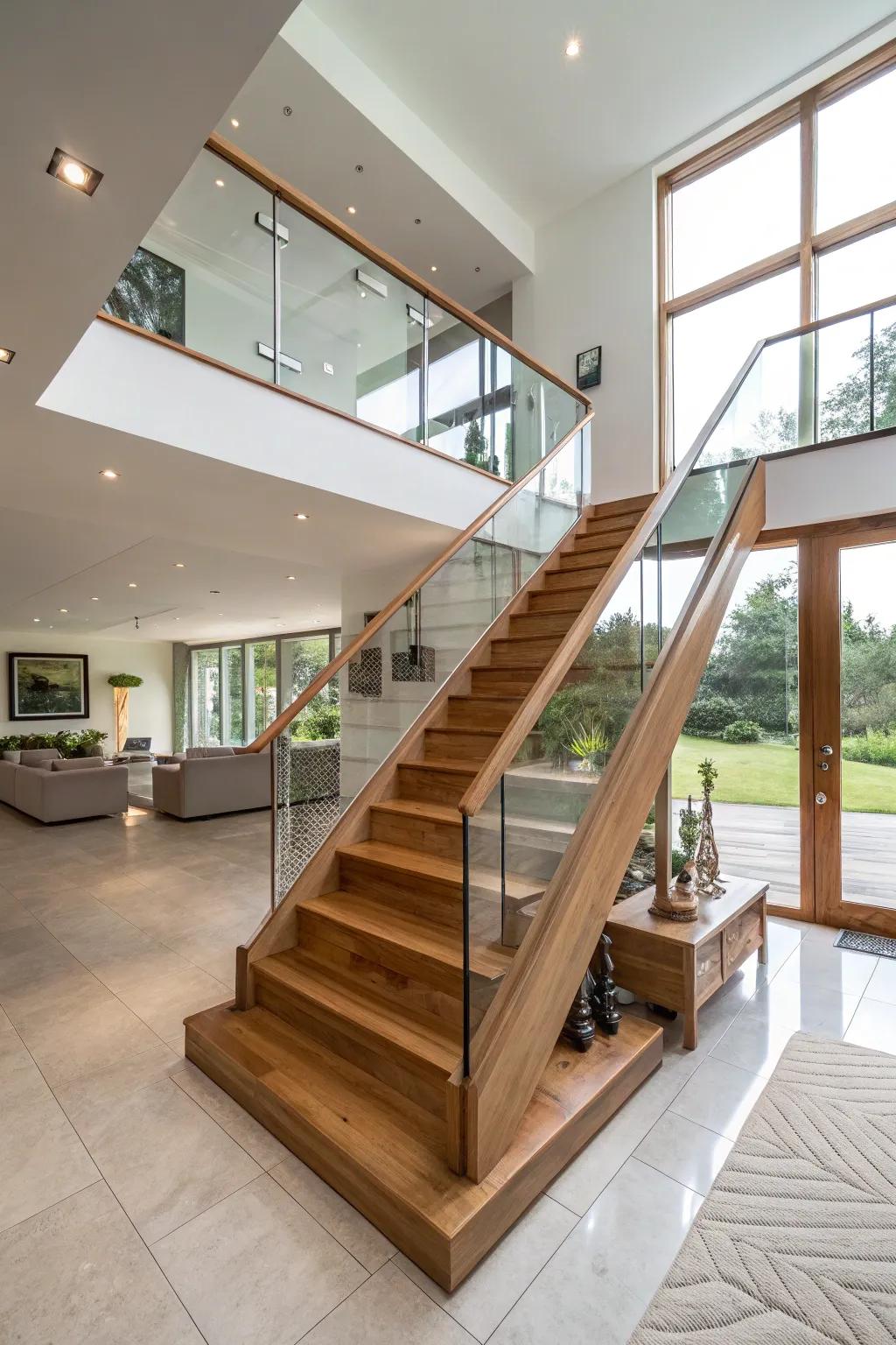 A modern fusion of oak and crystal for a stylish staircase aesthetic.