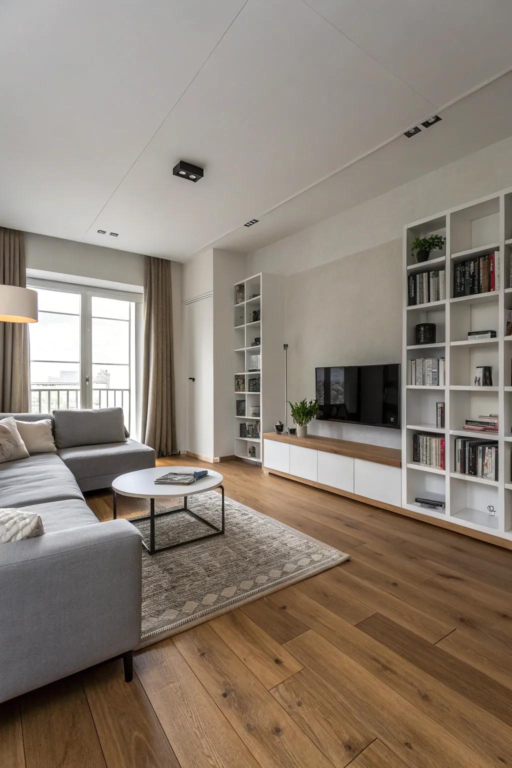 A minimalist living space enhancing the inherent charm of oak flooring.