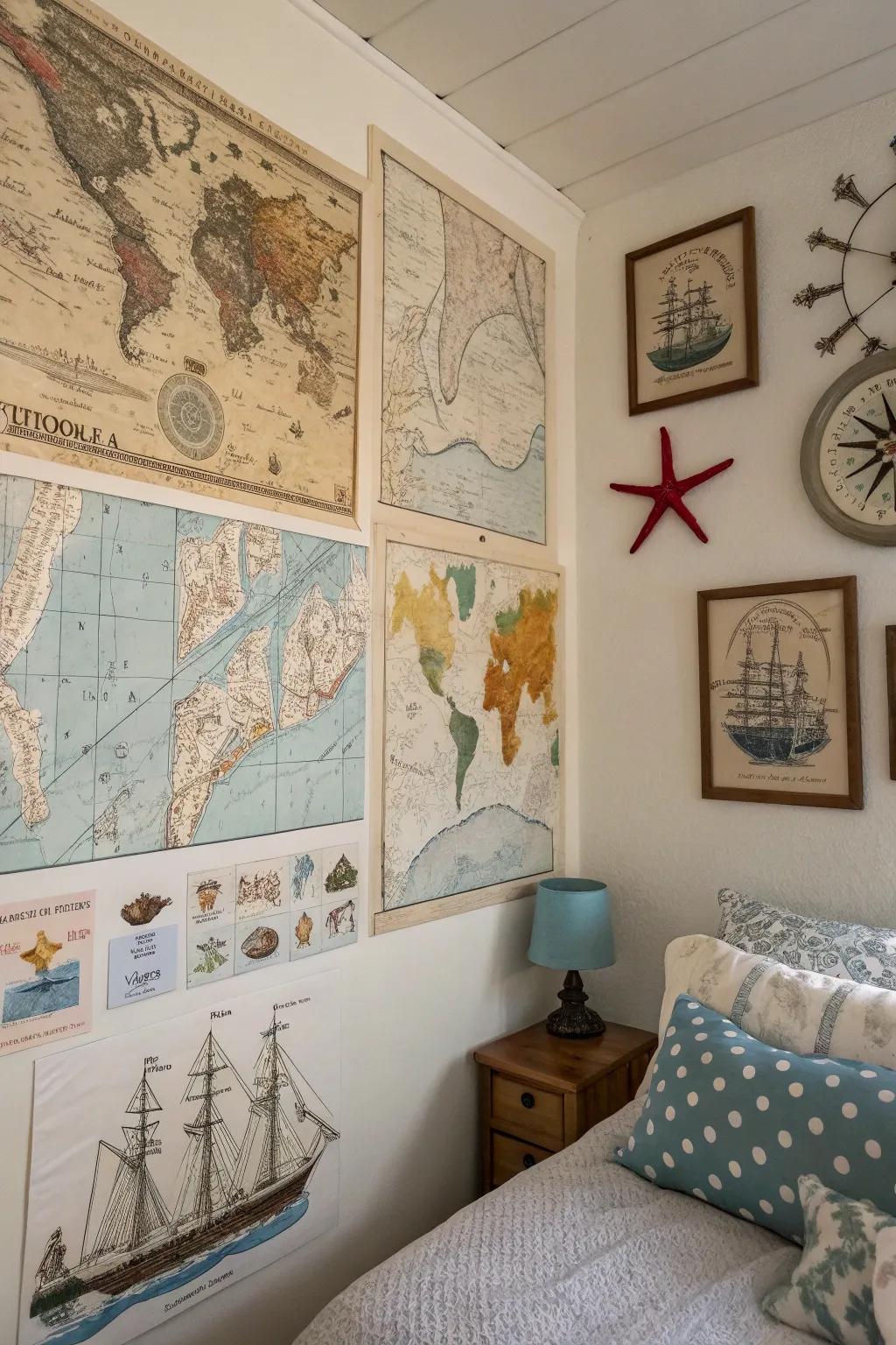 Nautical maps and ocean art bring the maritime world to your bedroom walls.