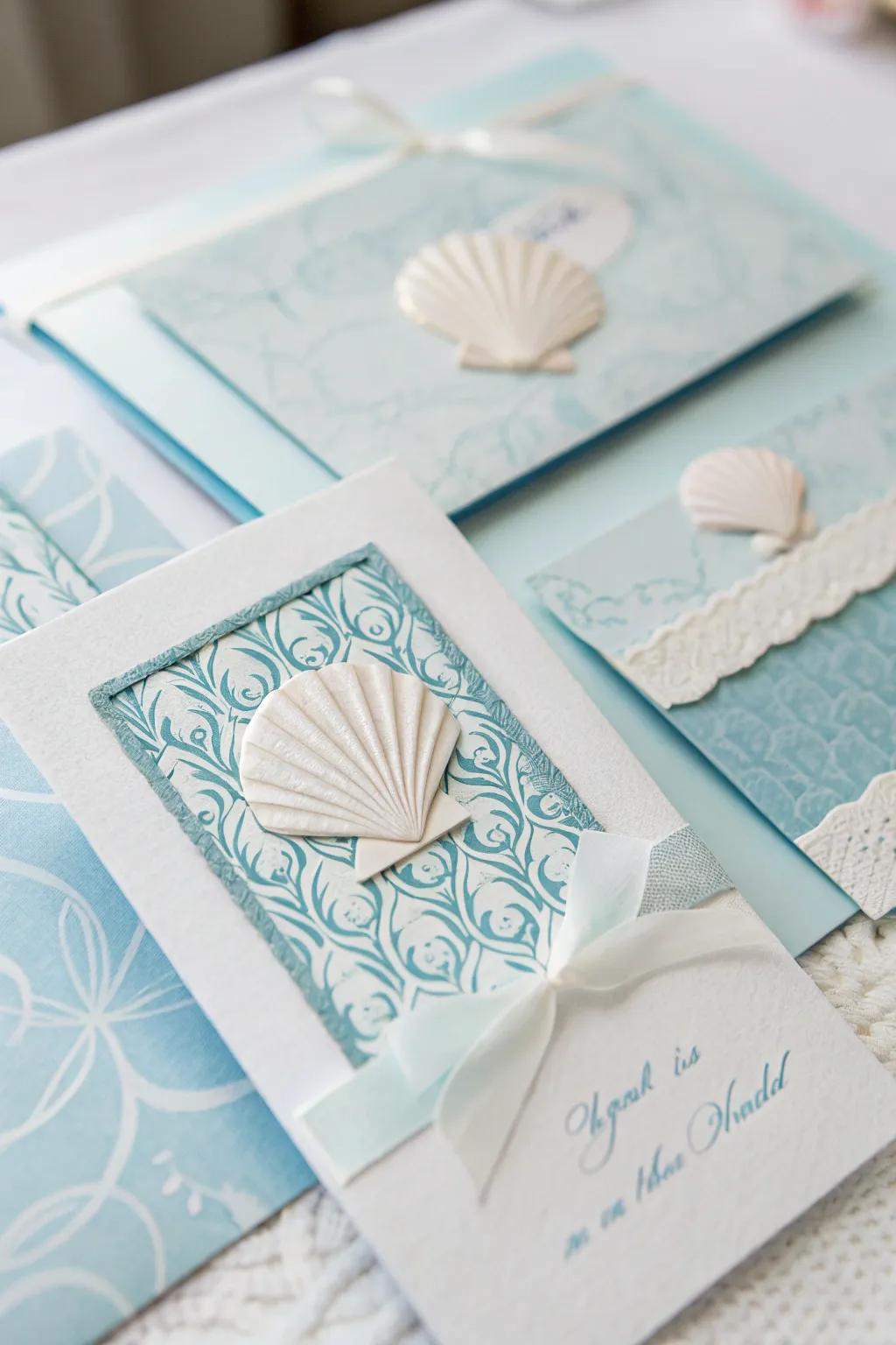 Invitation cards showcasing delicate oceanic designs to establish the ideal beachy atmosphere.