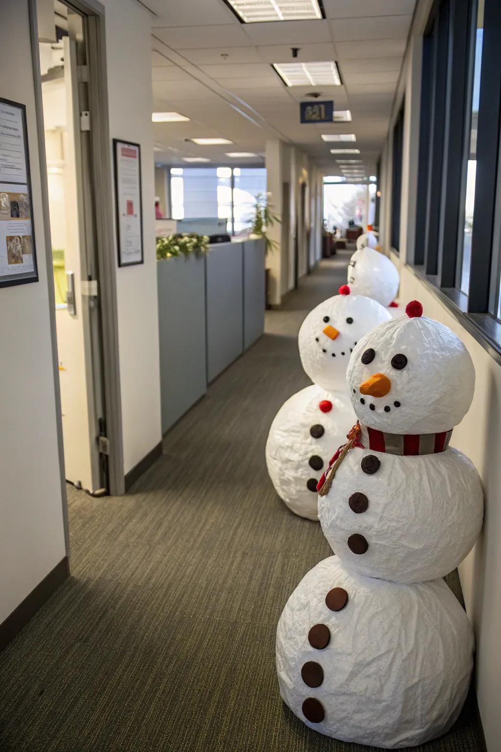 Snow-figure friends bring a frosty charm to the office corridors.