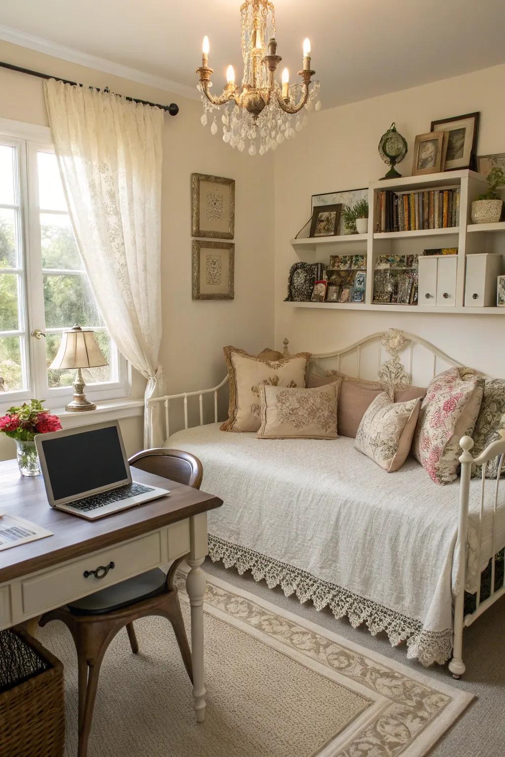 A vintage daybed bestows distinction and class to any home office.