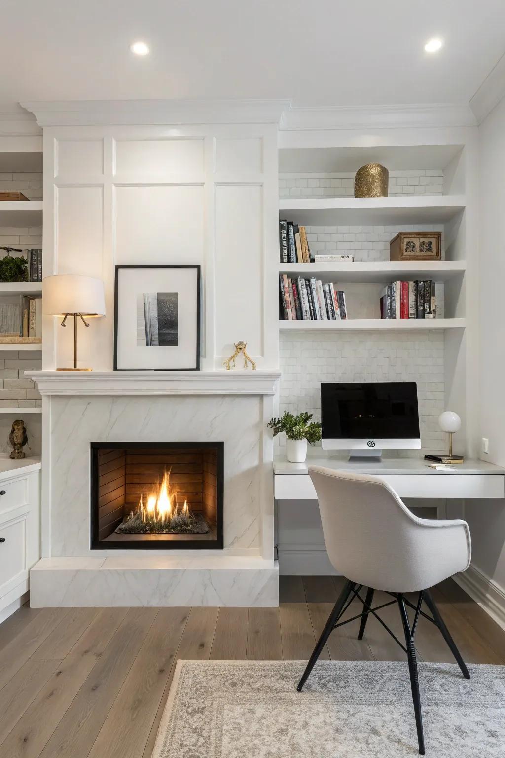 An understated fireplace goes hand-in-hand with up-to-date workspace design.