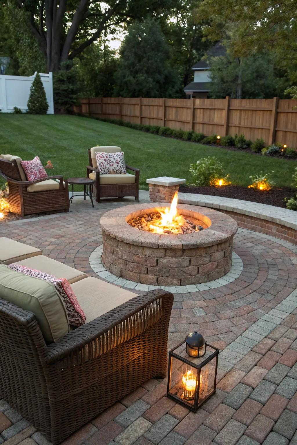 An inviting bonfire transforms this brick patio into an evening retreat