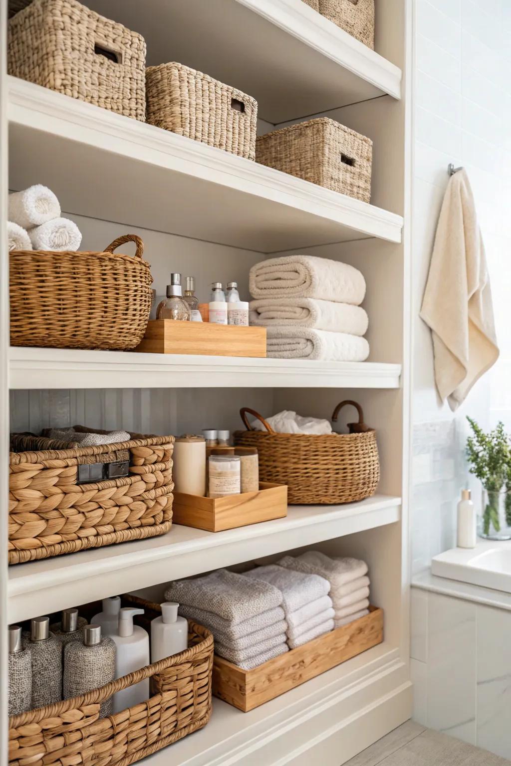 Braided baskets deliver elegant, hidden storage across exposed shelving.