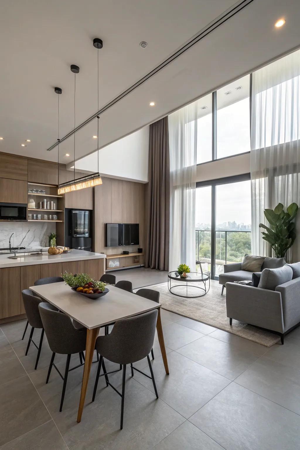 A unified open space that flawlessly integrates the living, dining, and kitchen areas.