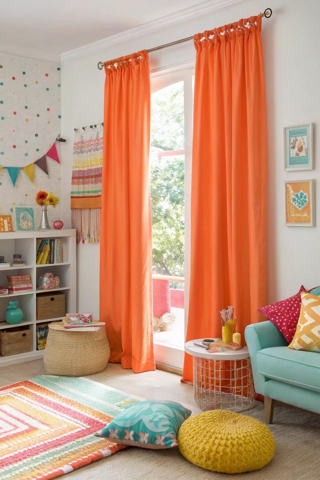 Vibrant citrus-colored window coverings give the space a lively energy.
