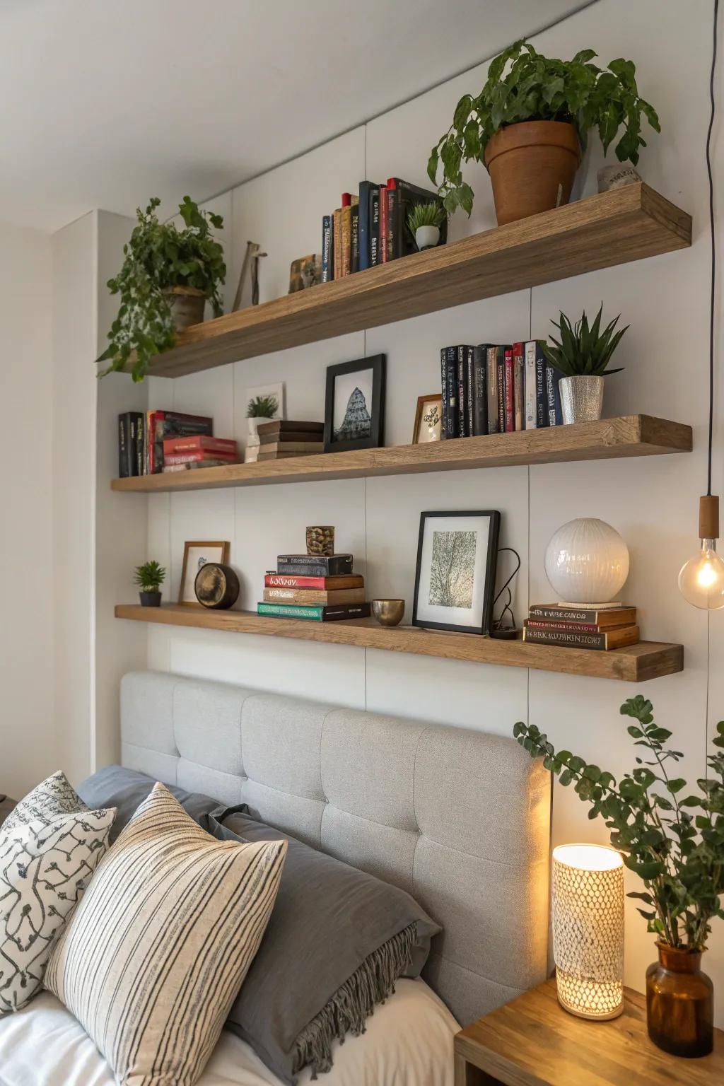 Improve your storage strategy with chic hovering shelves.