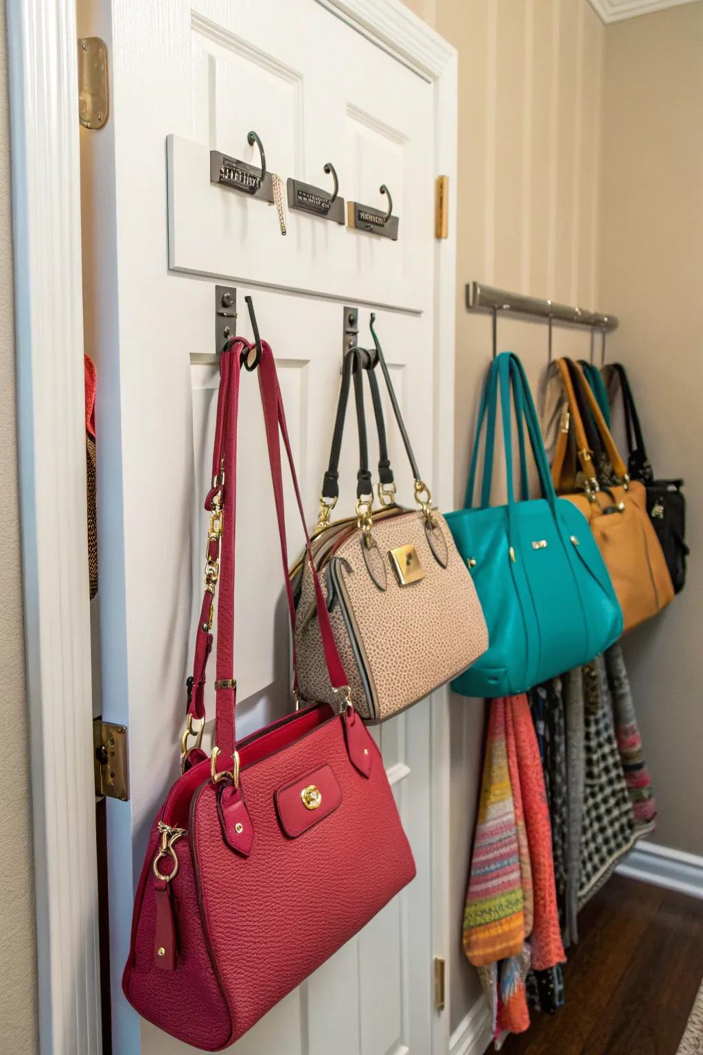 Basic hooks can transform your wardrobe into a quick-access handbag hub.