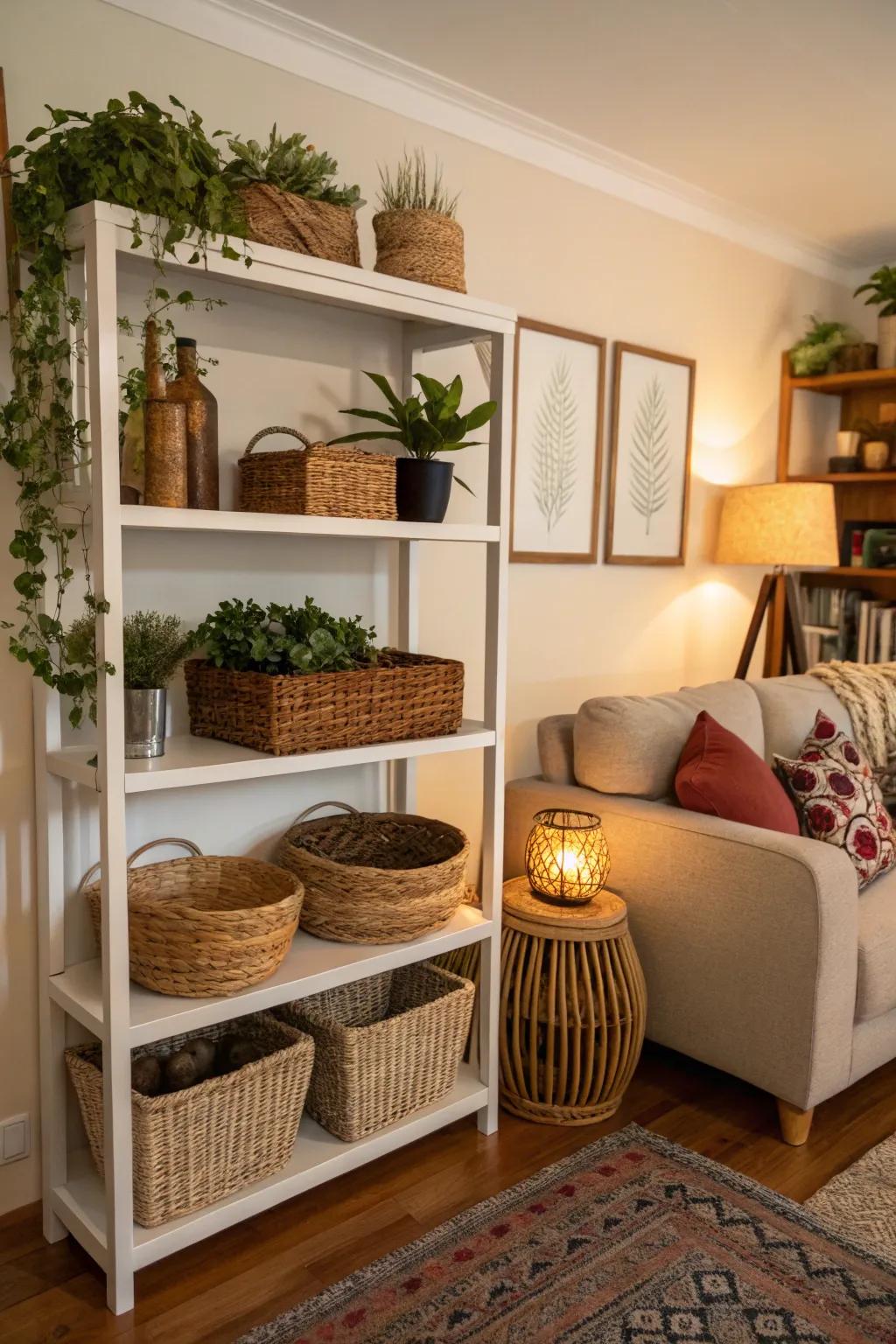 Baskets provide stylish storage solutions for an organized shelf display