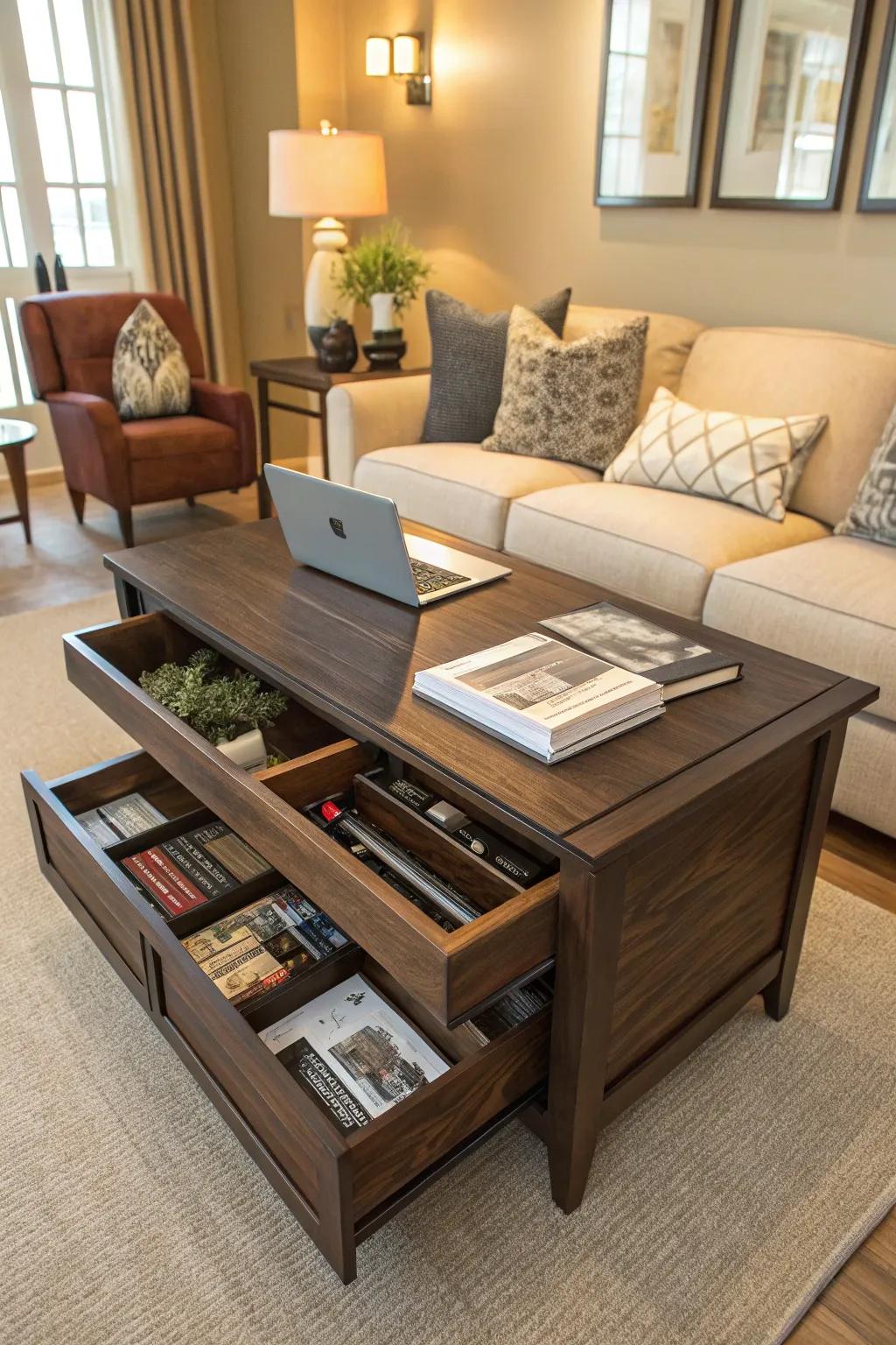 A center table featuring storage is equally stylish and useful.