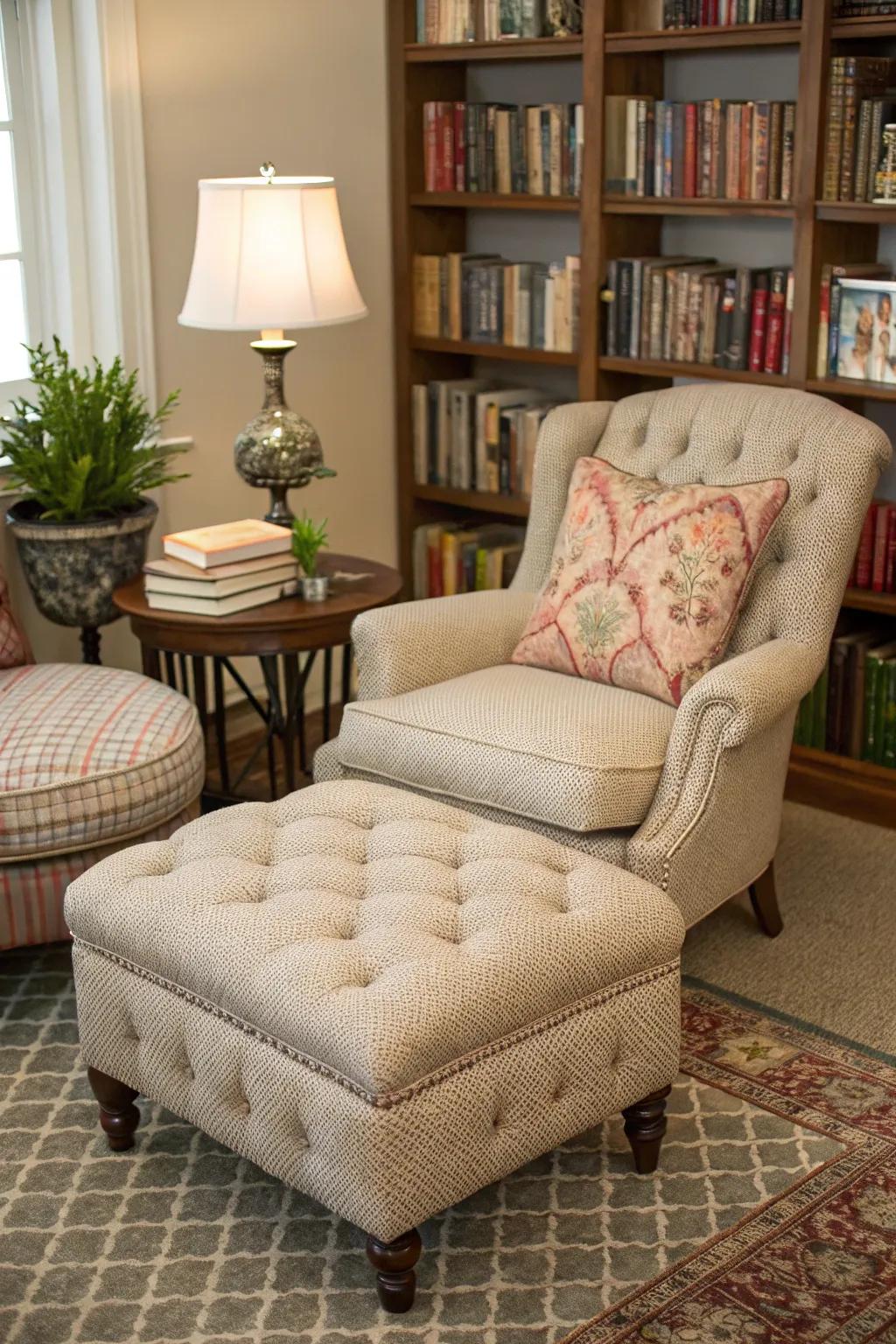 A quilted ottoman lends an opulent touch to a comfortable reading area.