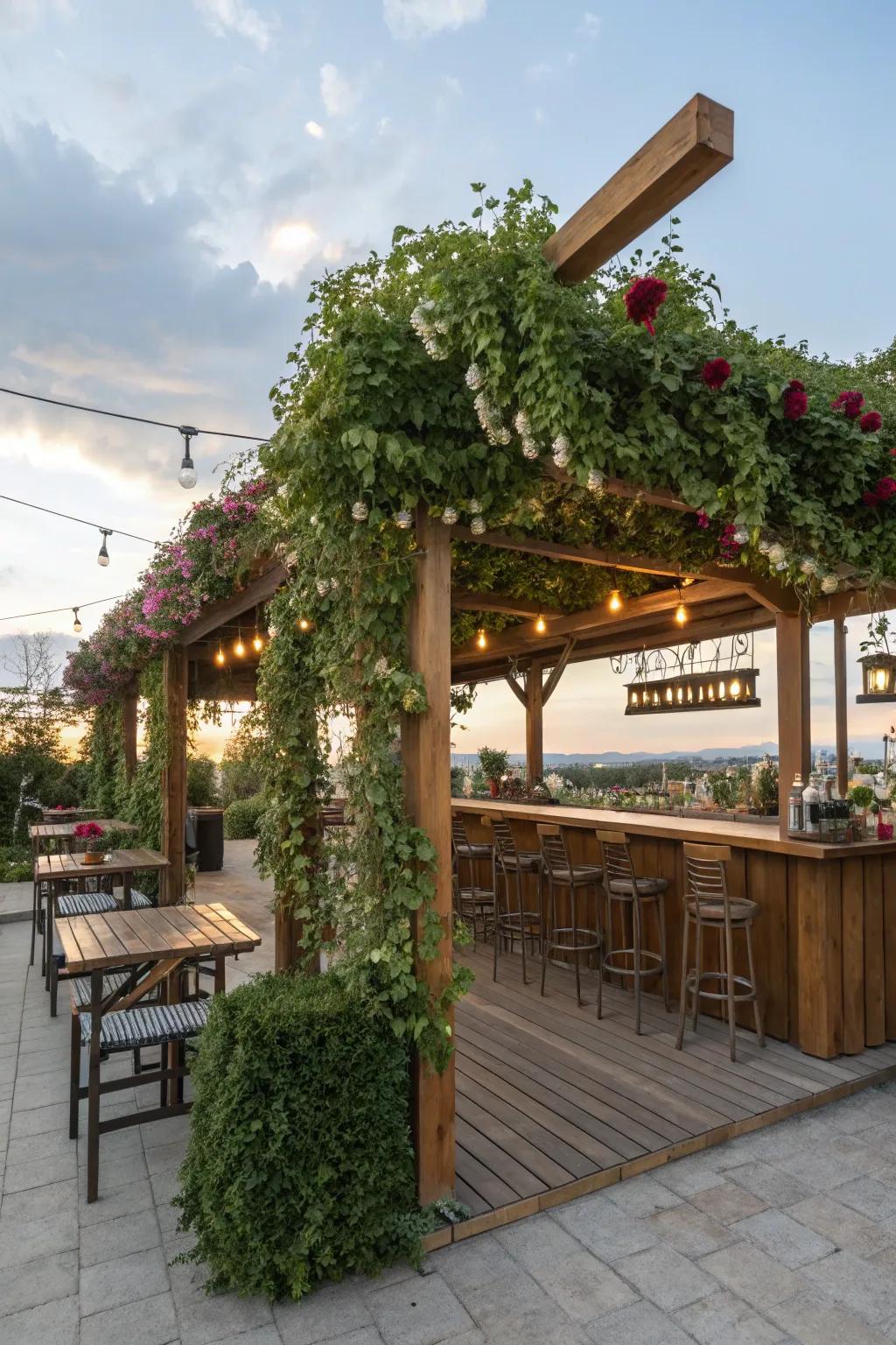 An arbor-shielded bar delivers fashionable haven.