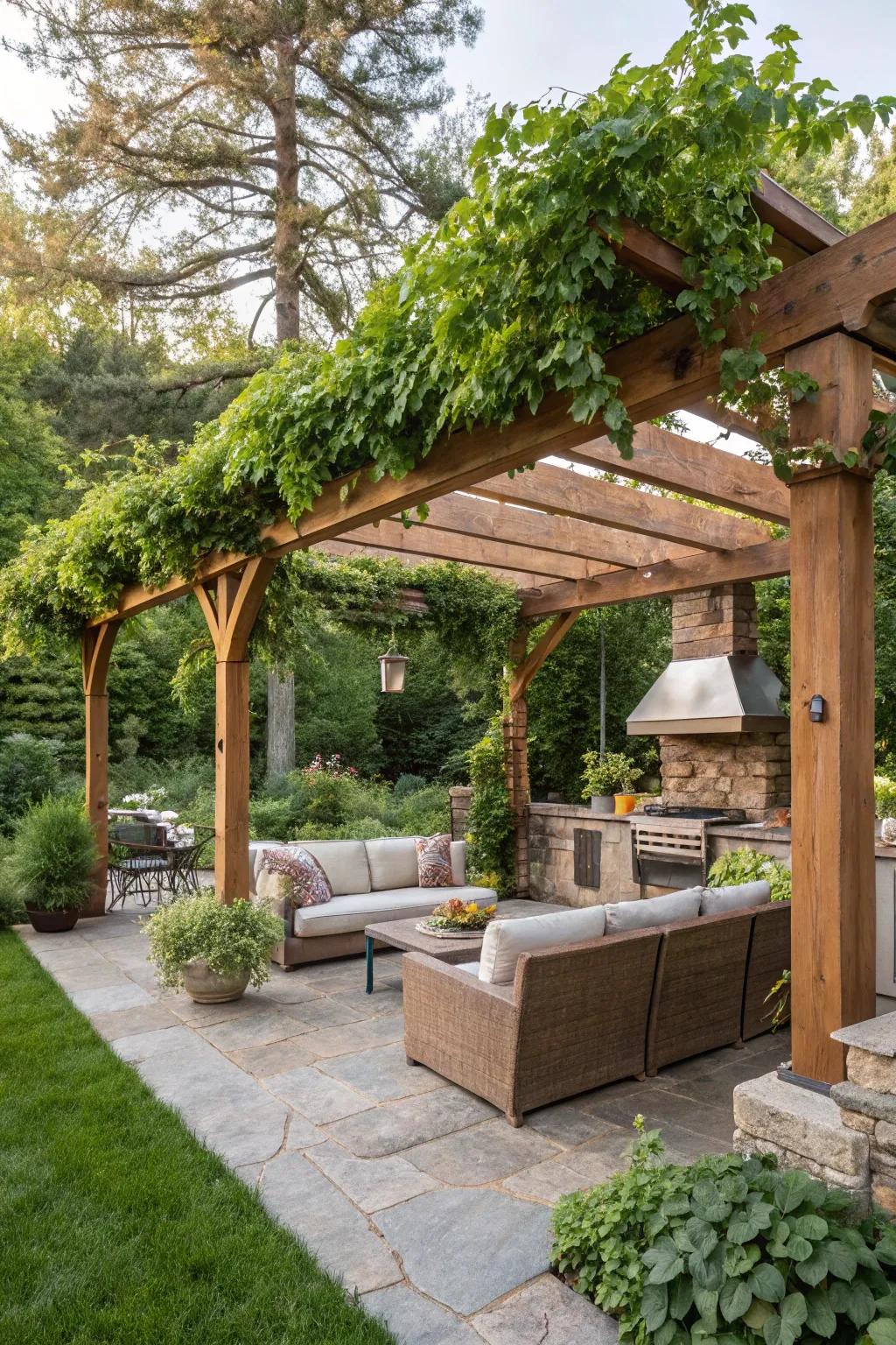 A shade structure for a stylish and protected BBQ area.