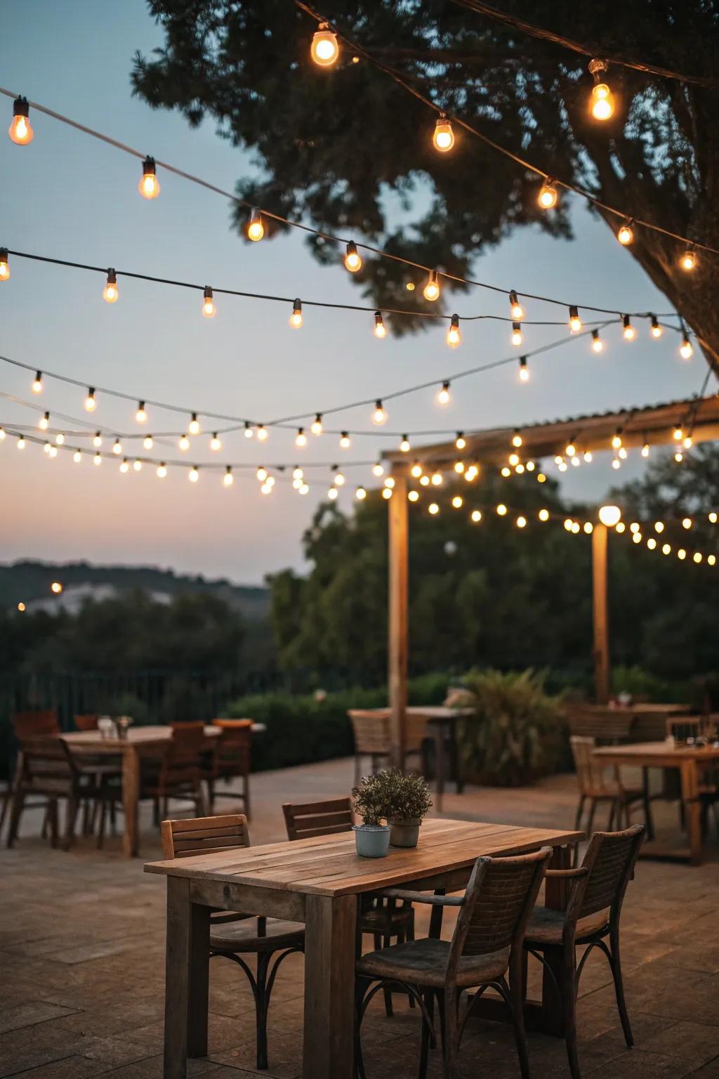 An enchanting outdoor dining area illuminated by fairy lights.