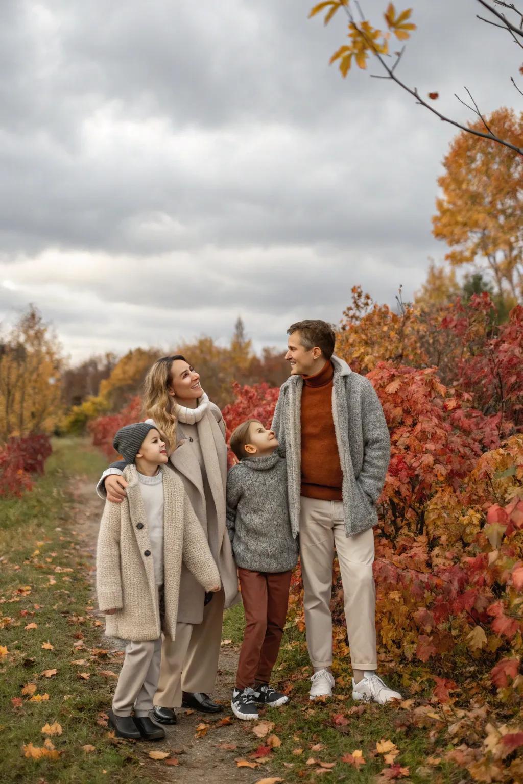 Nuances of neutrals fashion a snug and harmonious family depiction.