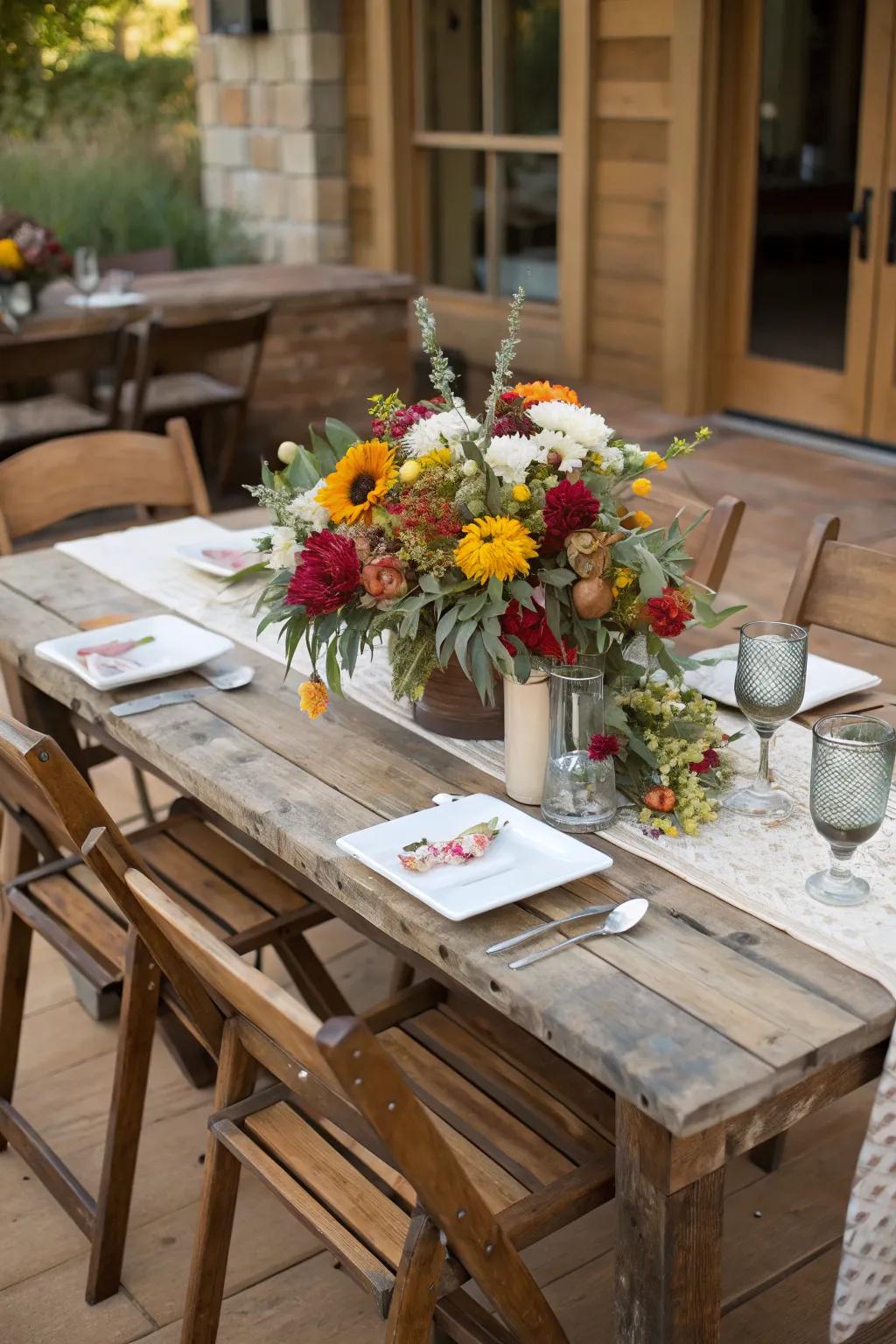 Earthy tables and seasonal floral centerpieces contribute charm.
