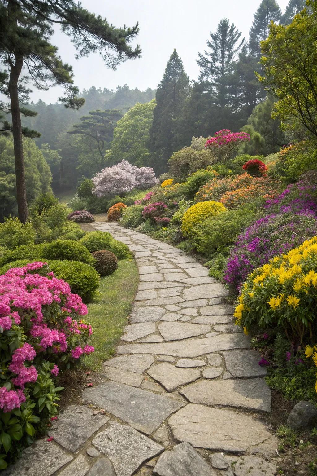 A stone garden route enveloped by lush greenery and vibrant flora.