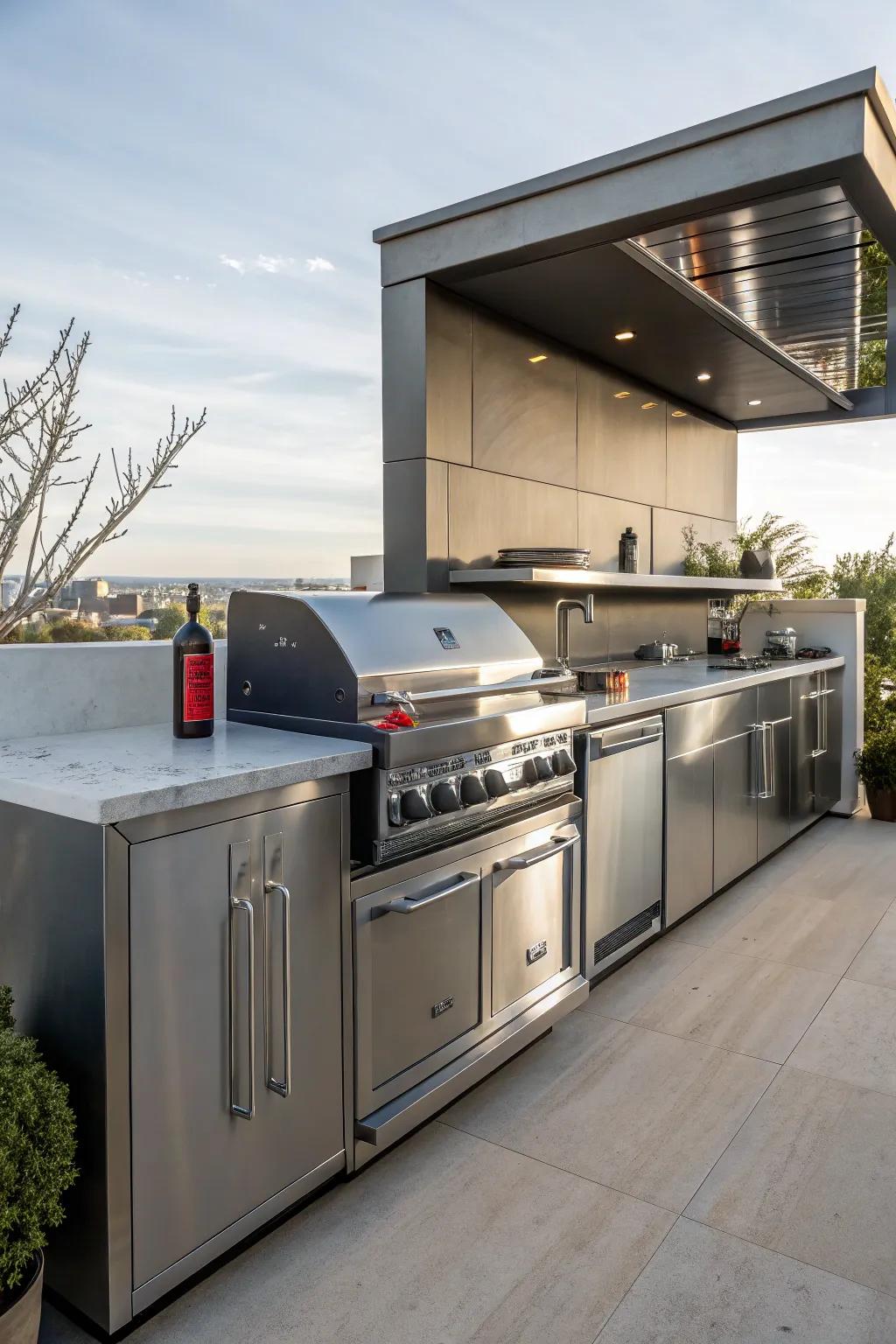 Stainless steel backsplashes offer a clean and modern touch to any outdoor kitchen.