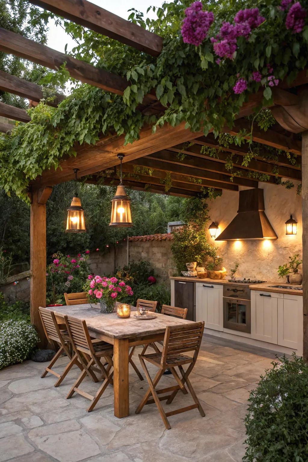 A pergola contributes shade and flair to your open-air kitchen.