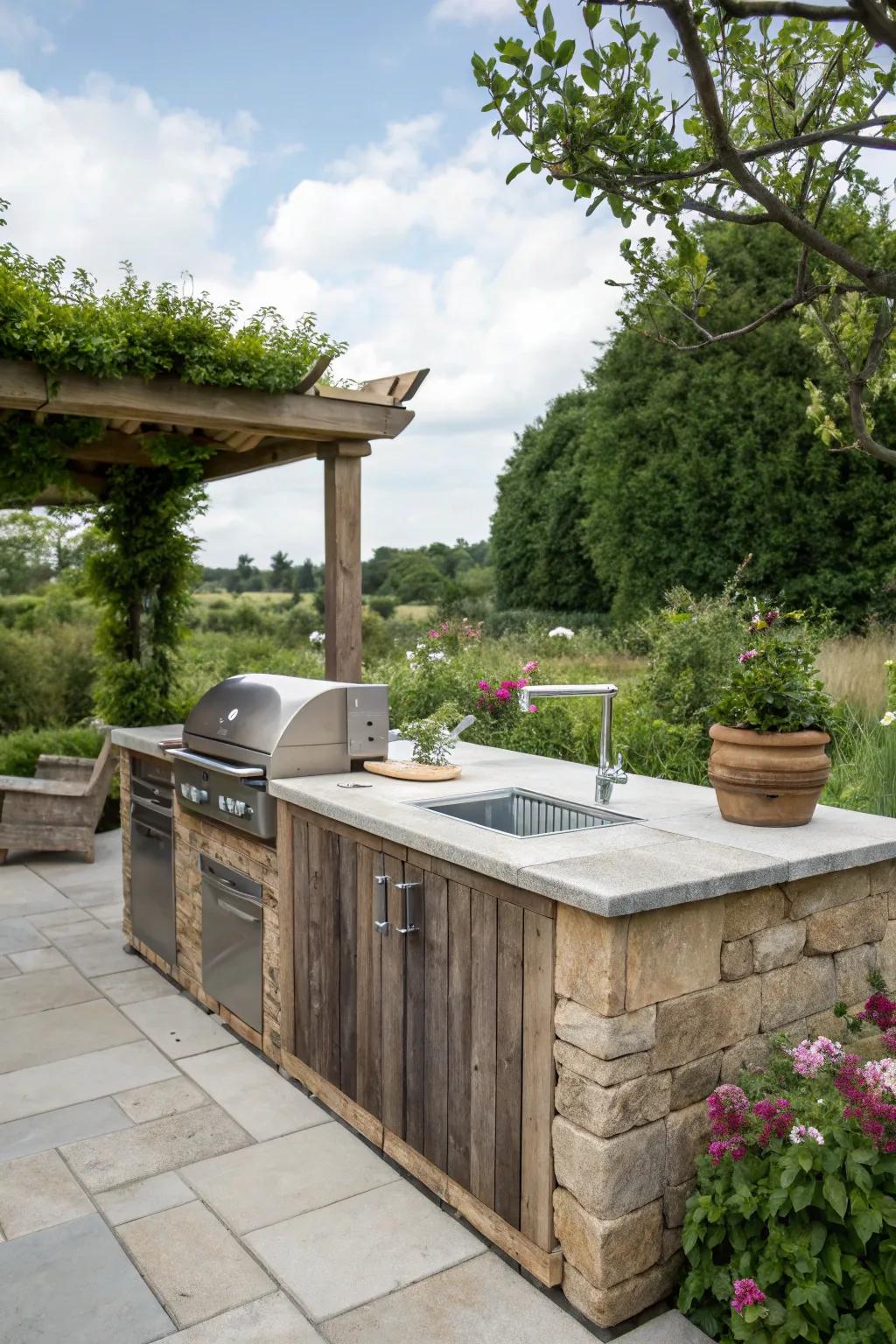 An outdoor cooking area showcasing a built-in grill and washing station, ideal for easy outdoor meal preparation.