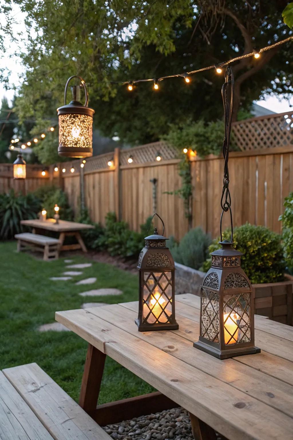 Rustic lanterns impart a vintage charm to any outdoor setting.