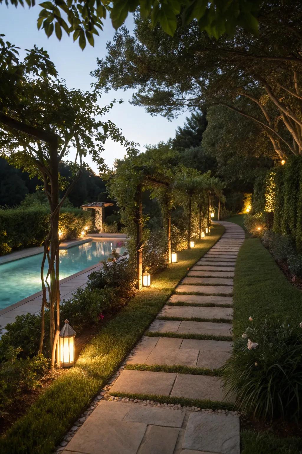 Pathway lights guide the way to your pool while enhancing the garden's charm.
