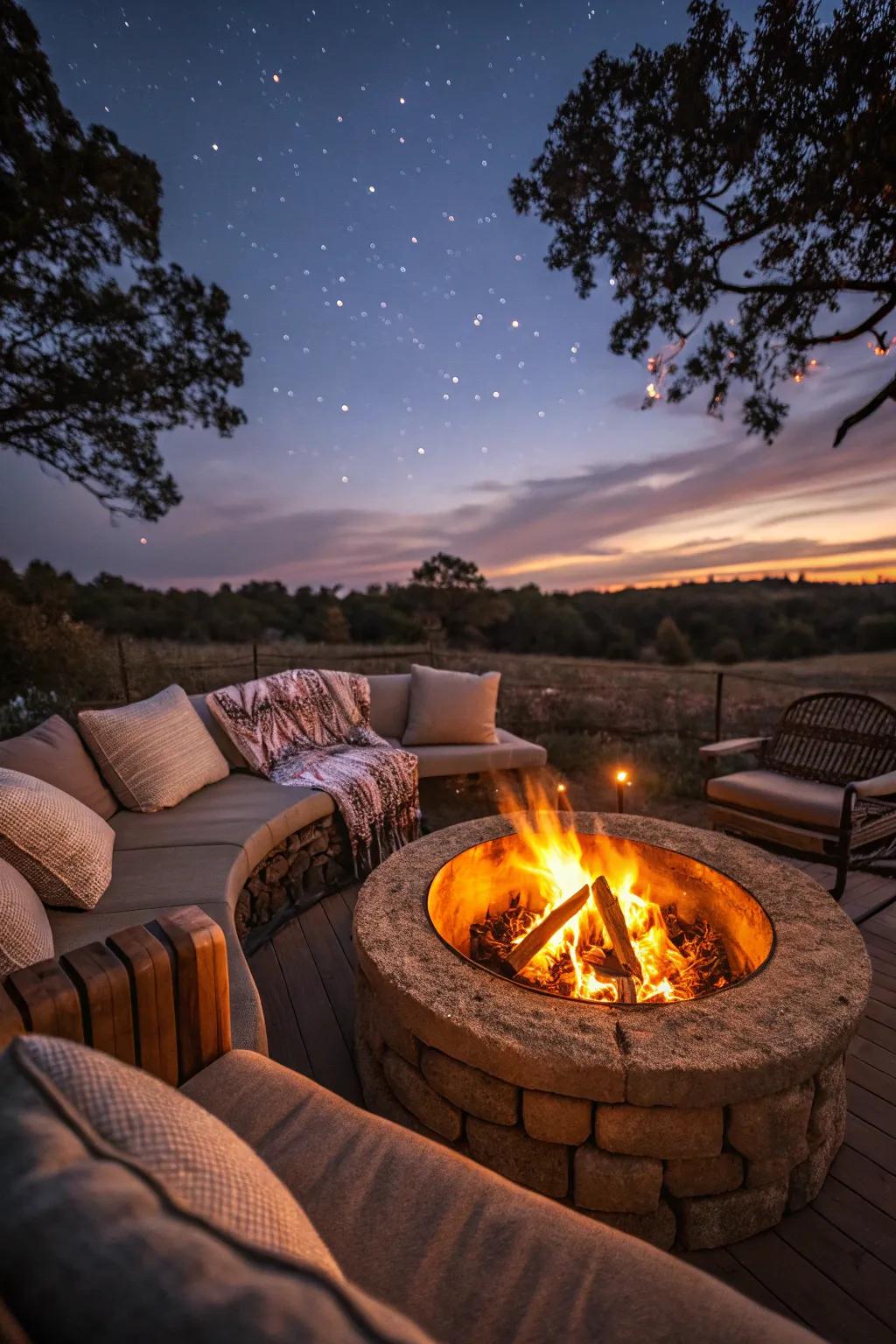 An alluring fire pit introduces warmth and character to your outdoor lounge.