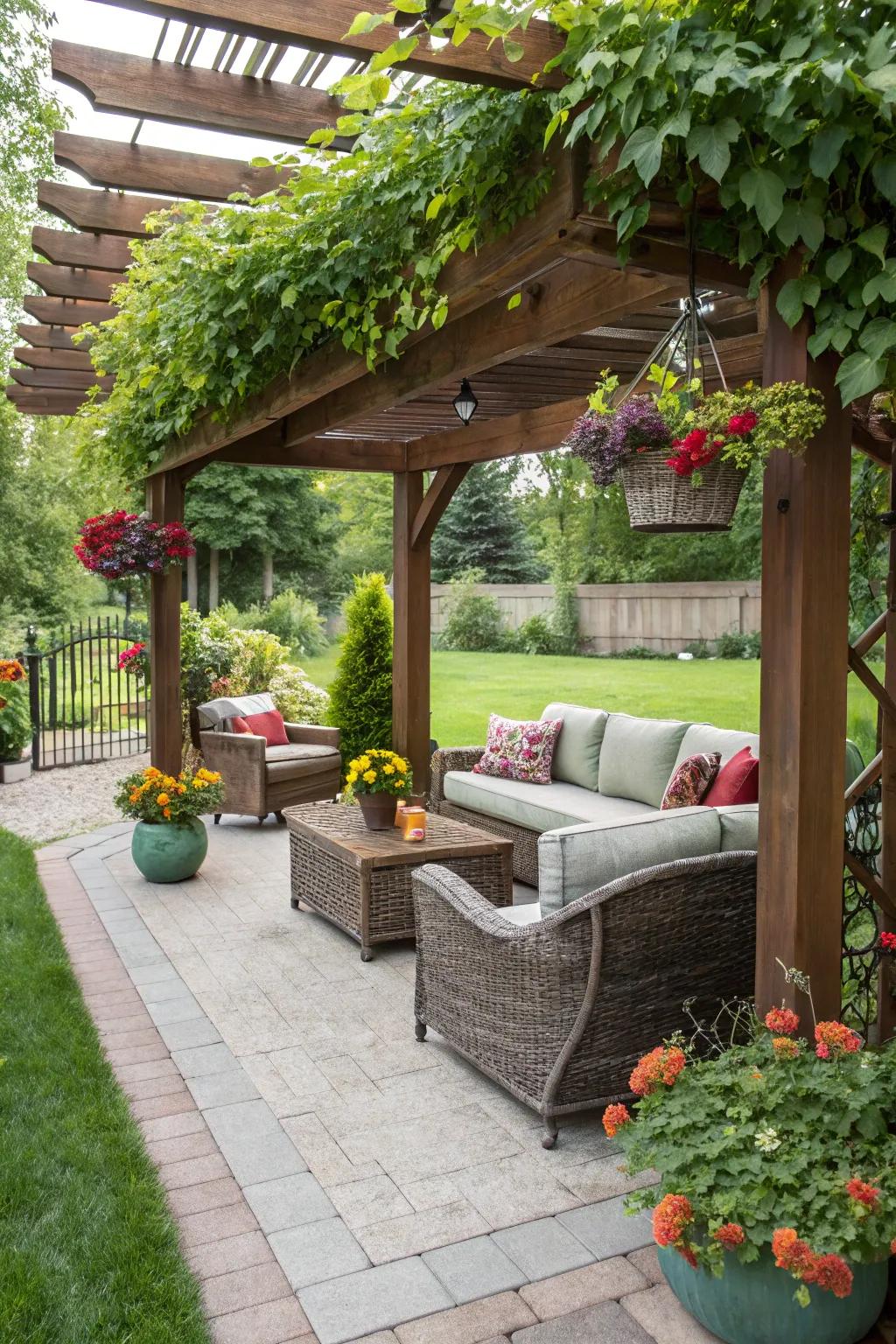 A lattice arbor provides shade and elegance to your outdoor area.