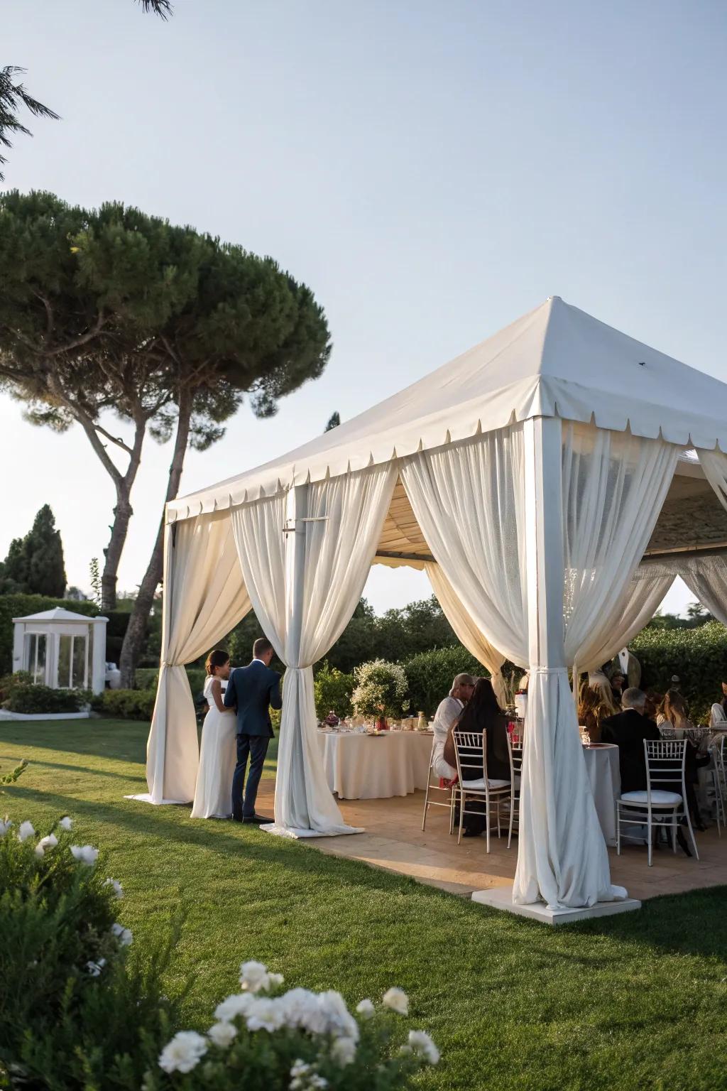 Elegant drapes impart a sophisticated flair to receptions held under tents.