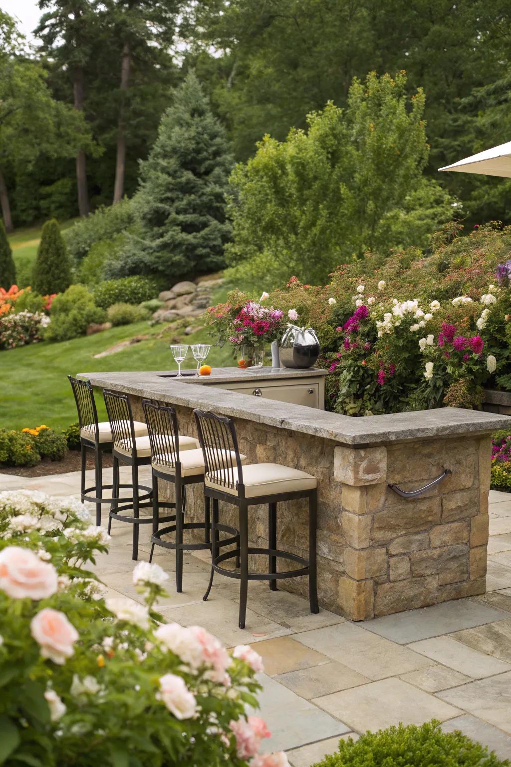 A tranquil stone bar nestled within a vibrant garden.