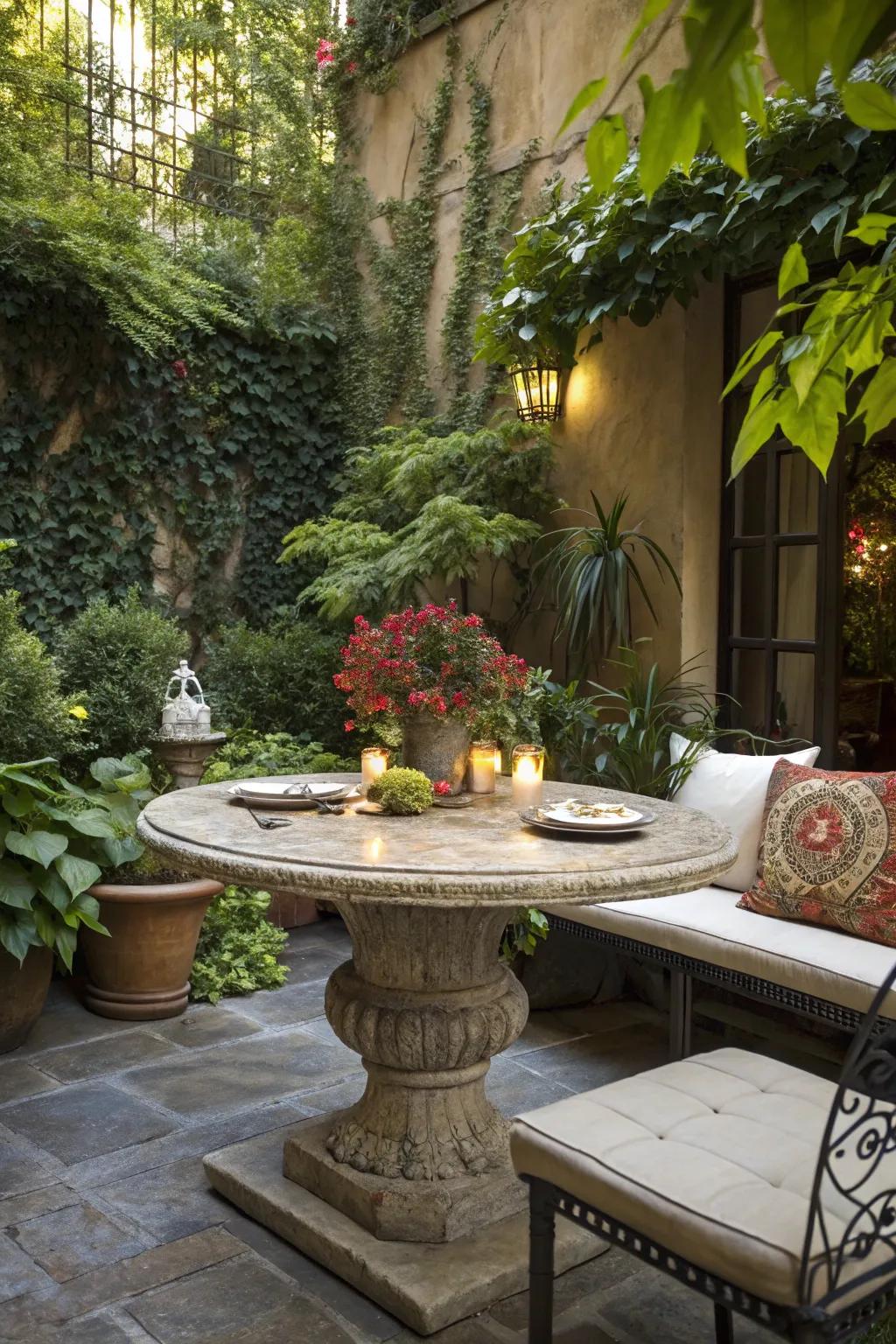 Stone table tops bring elegance and durability to your outdoor dining area.