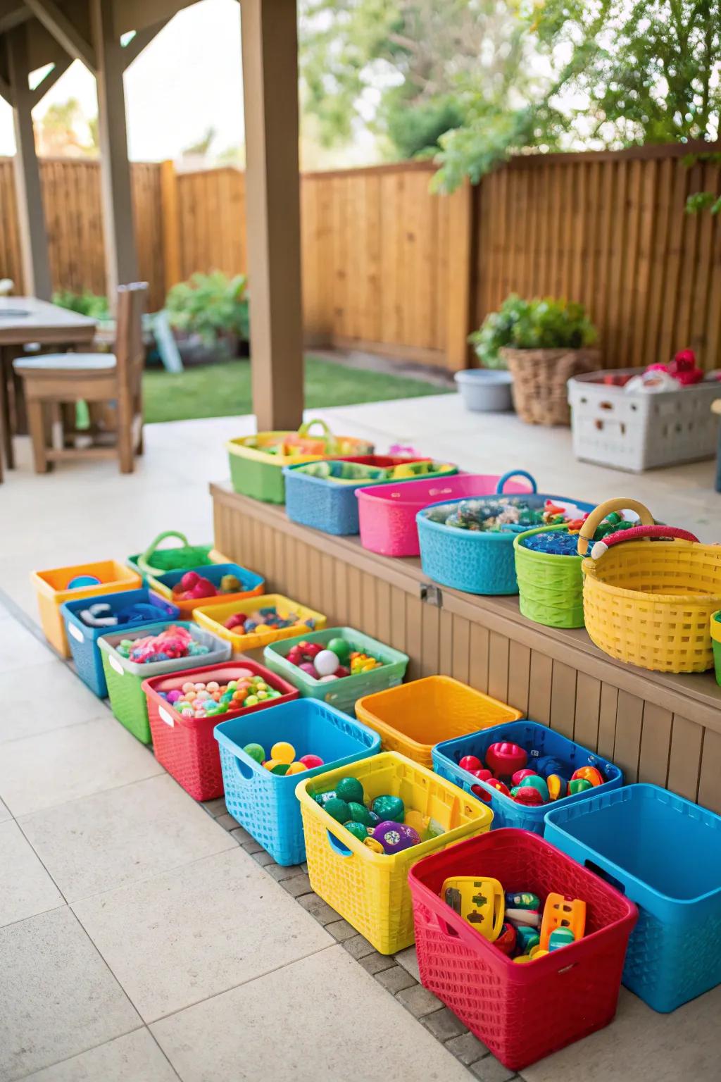Organize toys with colorful bins and baskets for a playful touch.