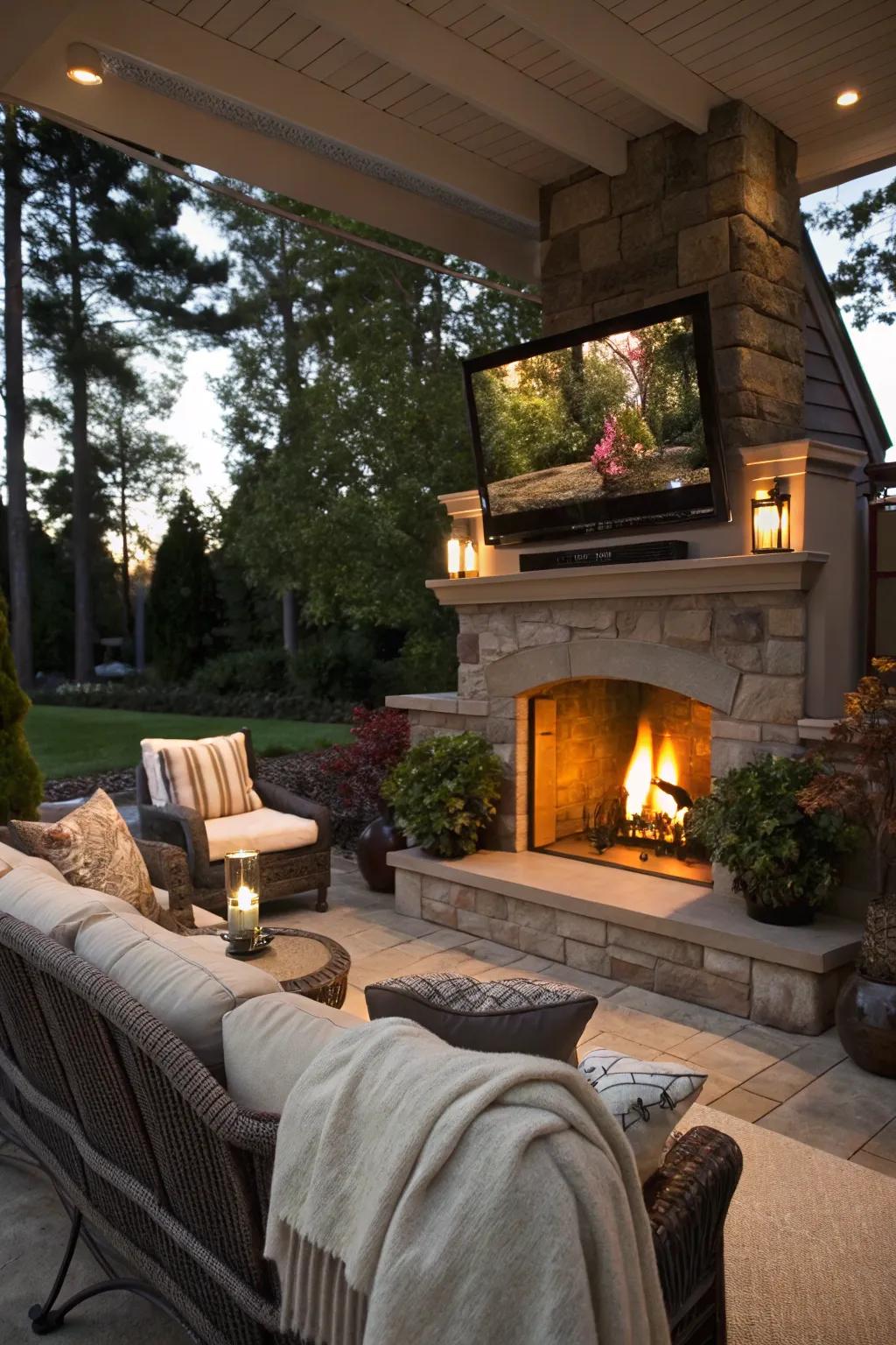 A TV set over the fireplace transforms any night into a welcoming outdoor escape.