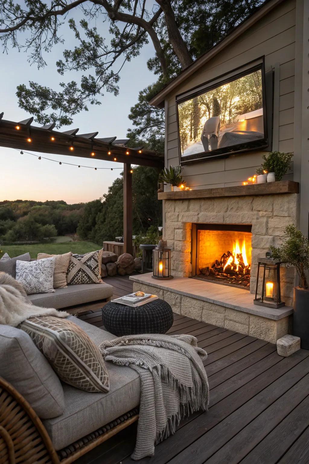 A hearth incorporates heat and a central attraction to your outdoor TV vicinity.