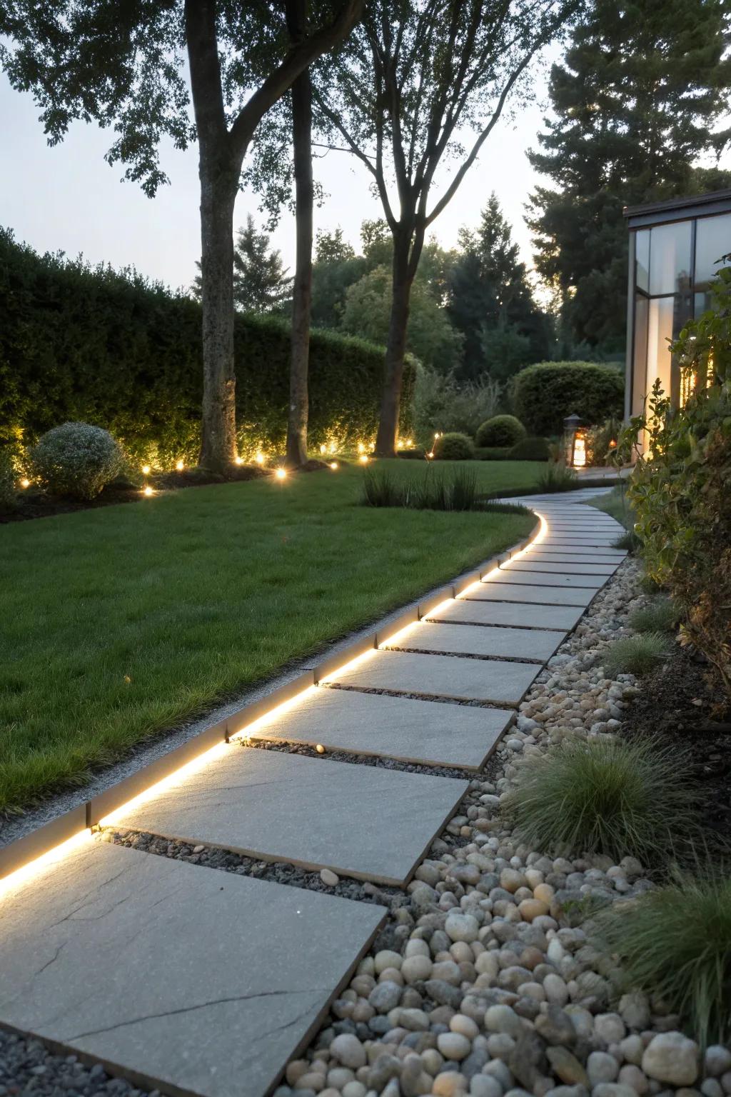 Modern diode strips illuminate a sleek path.
