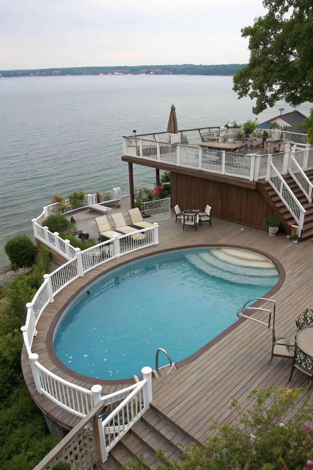 Tiered decks fashion a lively and adaptable pool setting.
