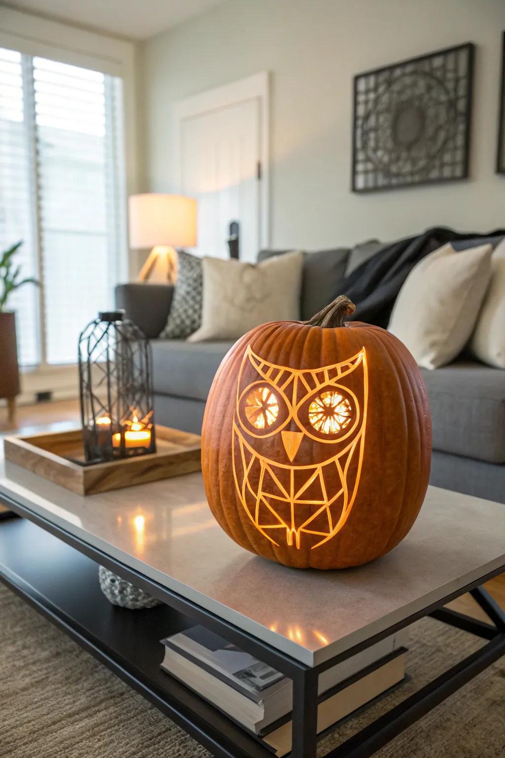 A geometric owl pattern offers a modern take on pumpkin carving.