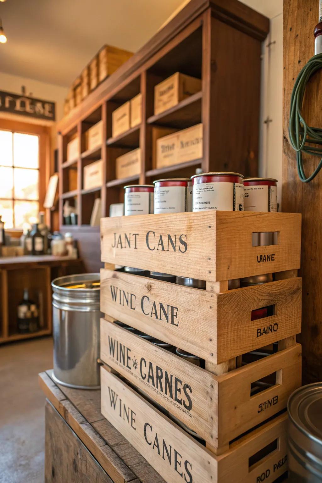 Vino boxes, refurbished, stacked, with labels, being used to store paint cans.