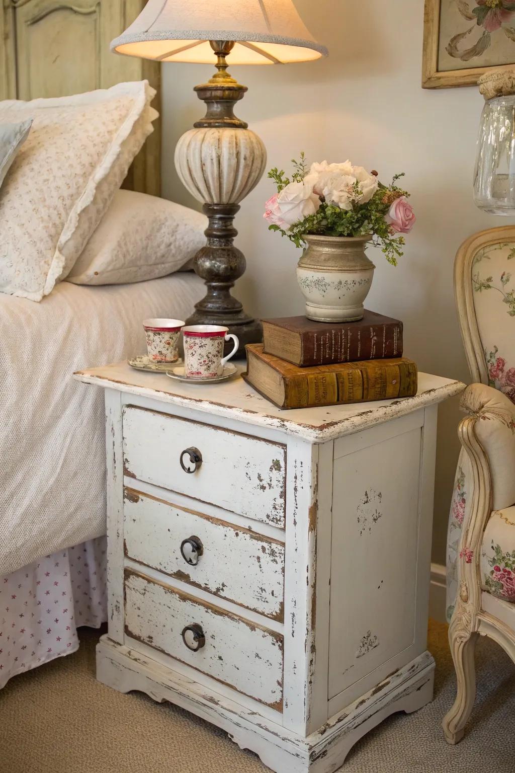 Embrace the allure of a distressed aesthetic nightstand for a comforting vibe.
