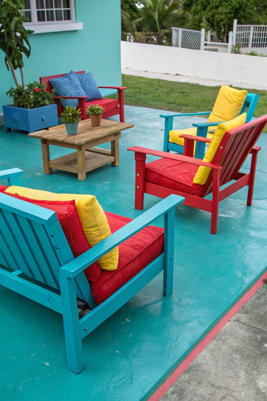 A vibrant turquoise patio radiating vigor and flair.