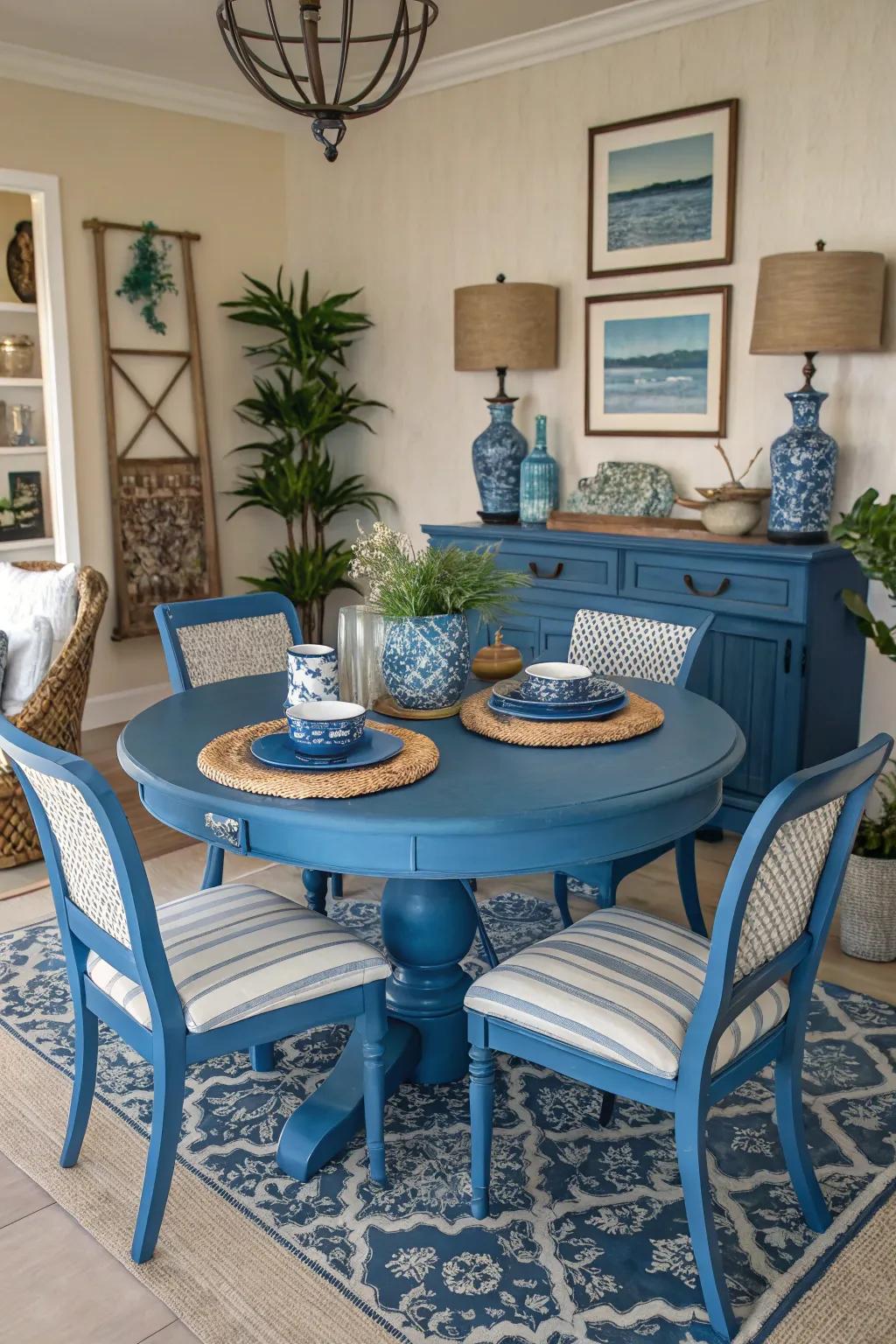 A bold blue table brings a vibrant pop of color to your dining space.