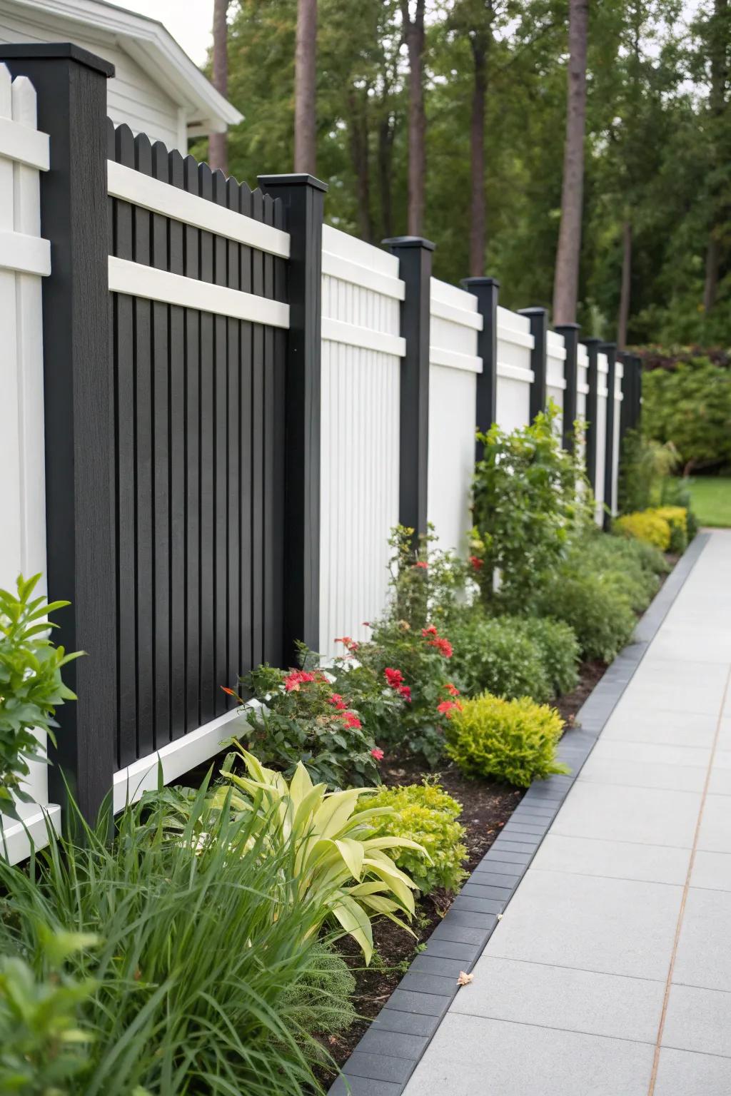 Monochrome <strong>fences</strong> create a striking backdrop for vibrant gardens.” loading=”lazy” class=”pimg”>
	</picture><figcaption>Monochrome <strong>fences</strong> create a striking backdrop for vibrant gardens.</figcaption></figure>
<p>For those drawn to simplicity, a <strong>monochrome fence</strong> can exude both modernity and timelessness. I’ve often utilized this technique to amplify the architecture and make colorful plants genuinely stand out.</p>
<h3>A few choices to try:</h3>
<ul class=