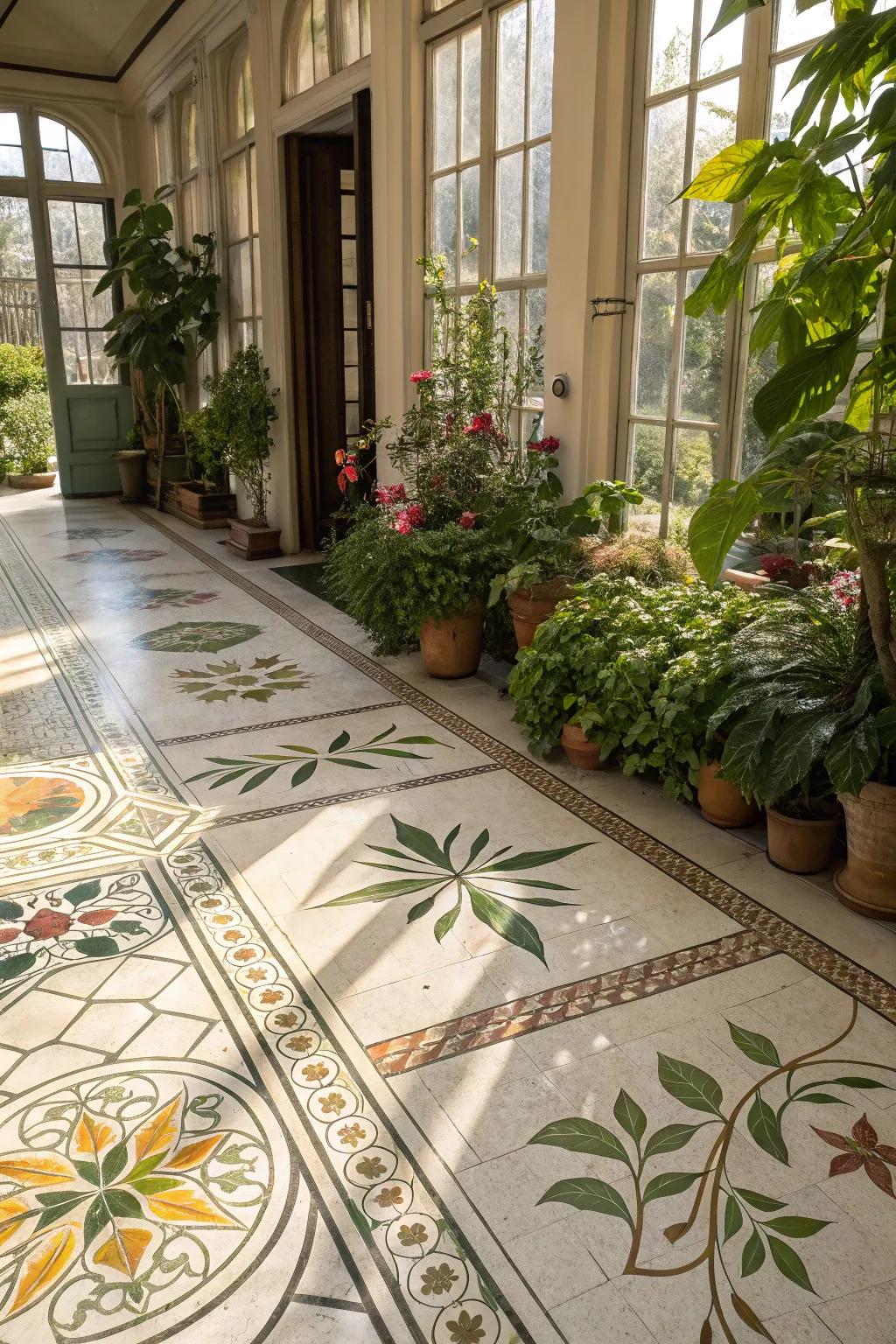 A sun-drenched room featuring floors adorned with nature-inspired artwork, enhancing the space's calm and refined aesthetic.