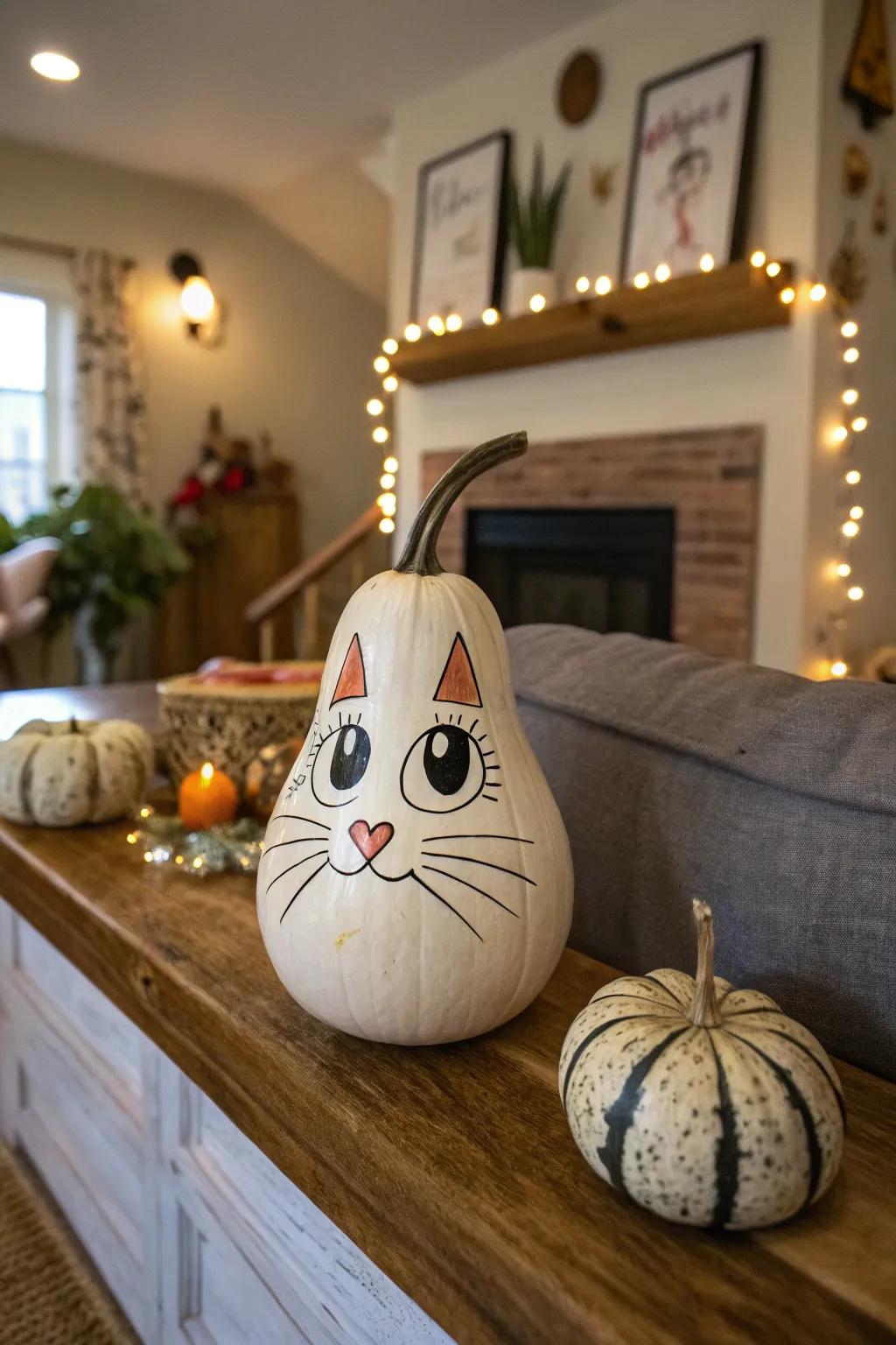 A playful gourd painted as a whimsical cat.