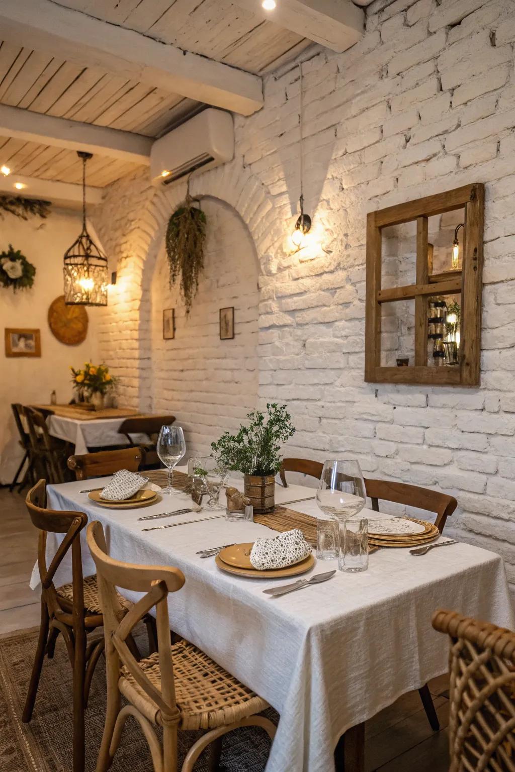 A dining space that exudes charm with its whitewashed brick wall and vintage accents.