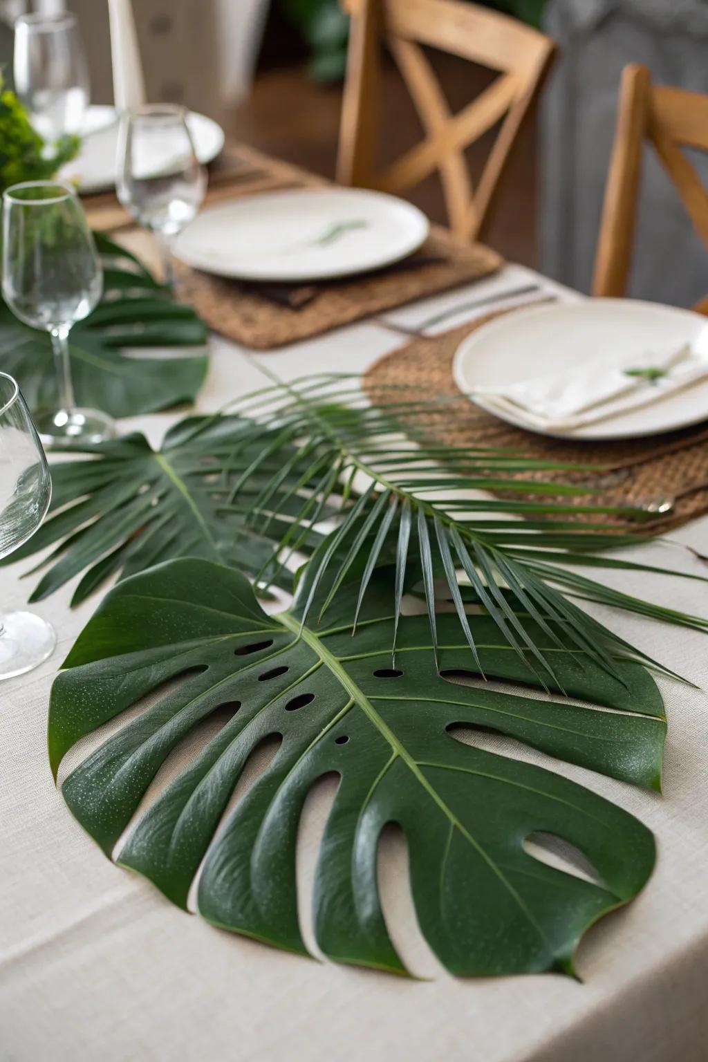 Split-leaf philodendron provide a stylish dual function as placemats and core decorations.