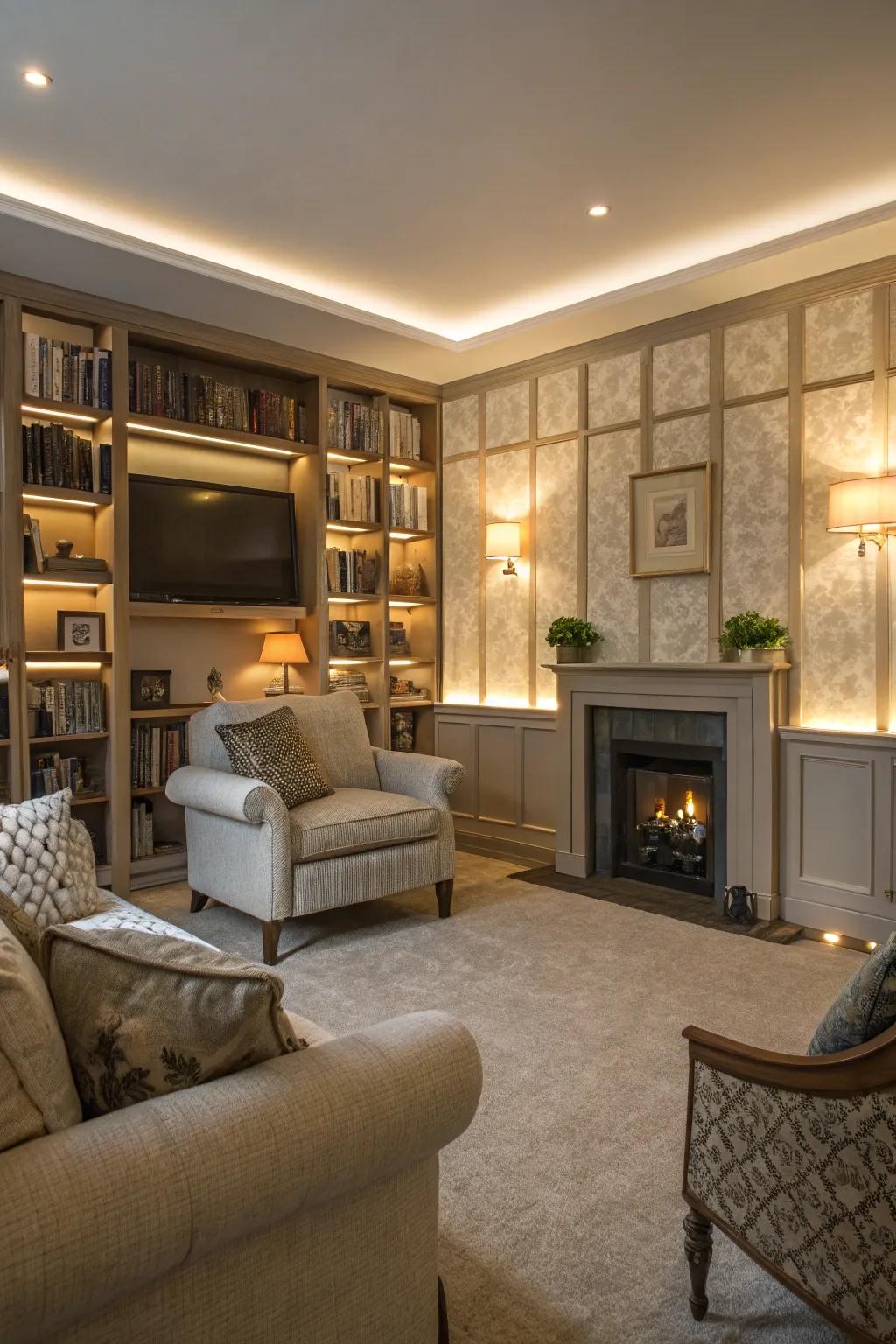 Living area featuring incorporated lighting within panel designs.
