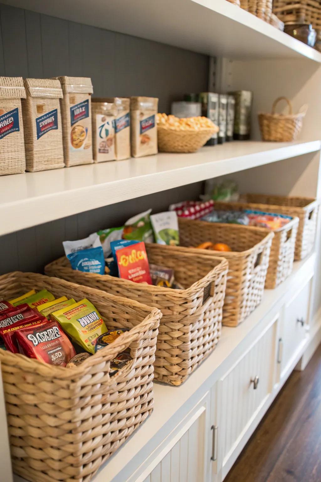 Hand-woven baskets furnish a blend of aesthetics and practicality when storing large snack quantities.