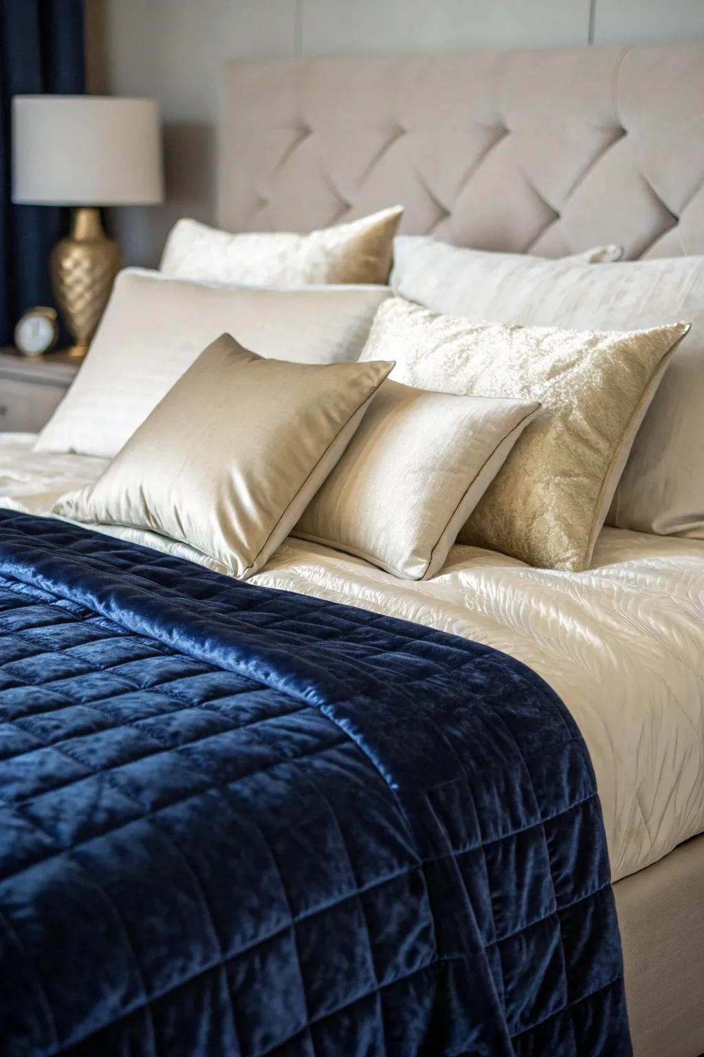 The luxurious textures in the bedding conjure an inviting and cozy atmosphere.